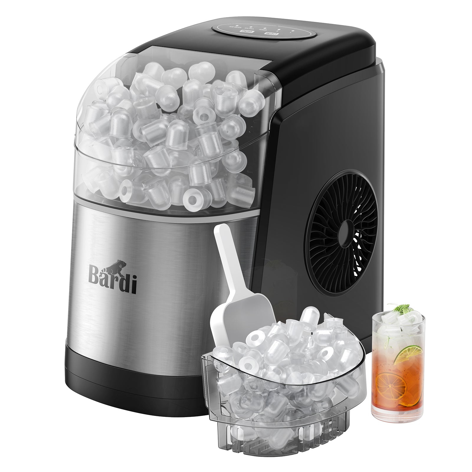 Bardi Deluxe Ice Cube Machine 1.6L black stainless steel - Self-cleaning function - ice cube maker with ice scoop - Incl. luxury thermos cup and ice scoop