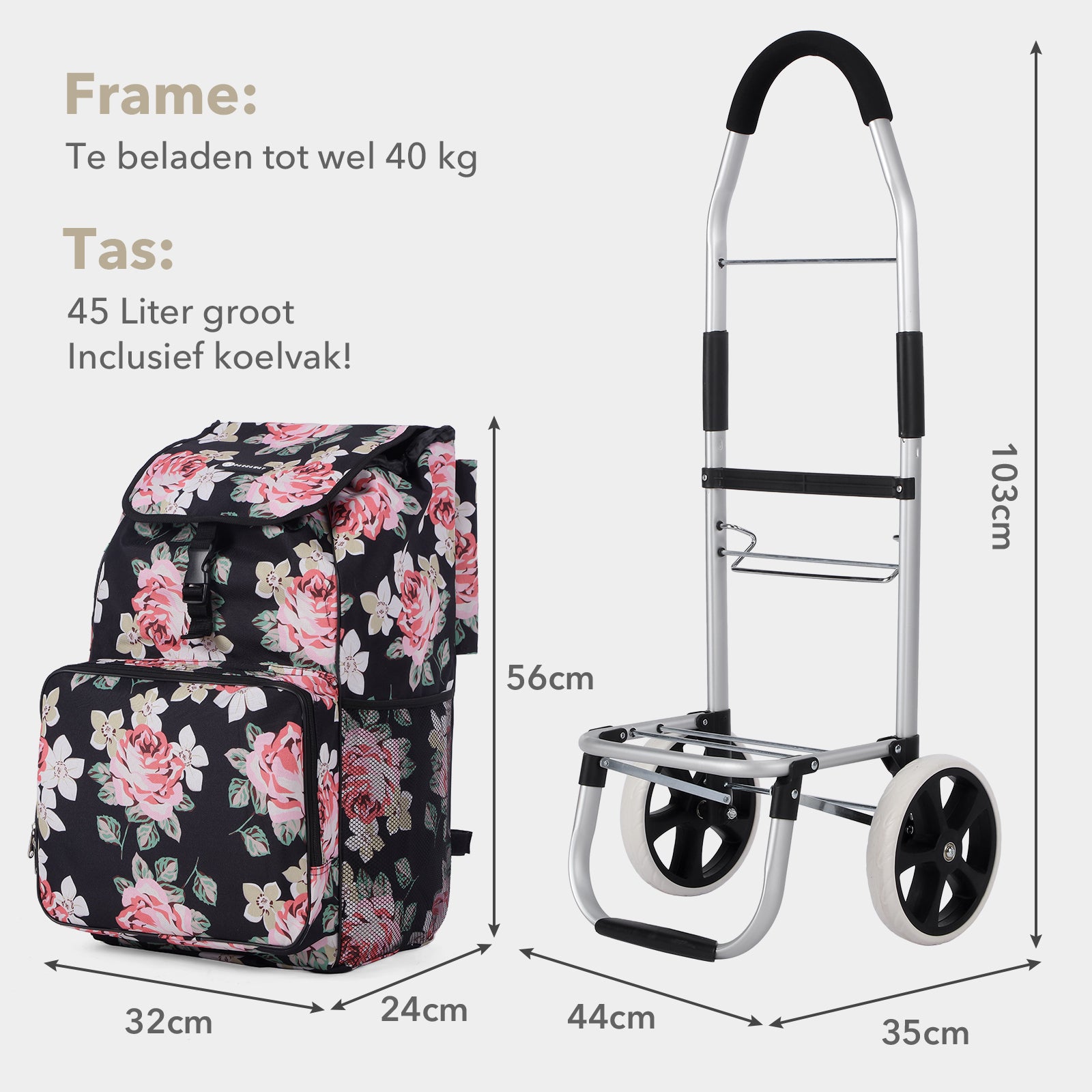 Packaway Boodschappentrolley 45L met Koelvak - Boodschappenwagen met Grote Wielen - Steekwagenfunctie - Waterafstotend - Black Flower