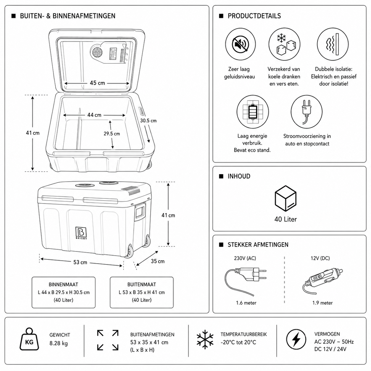 Brisby Elektrische Koelbox 40 Liter - 12V & 230V - Koelen & Verwarmen - Met Wielen & Comfort Grip® Handgrepen - Grijs