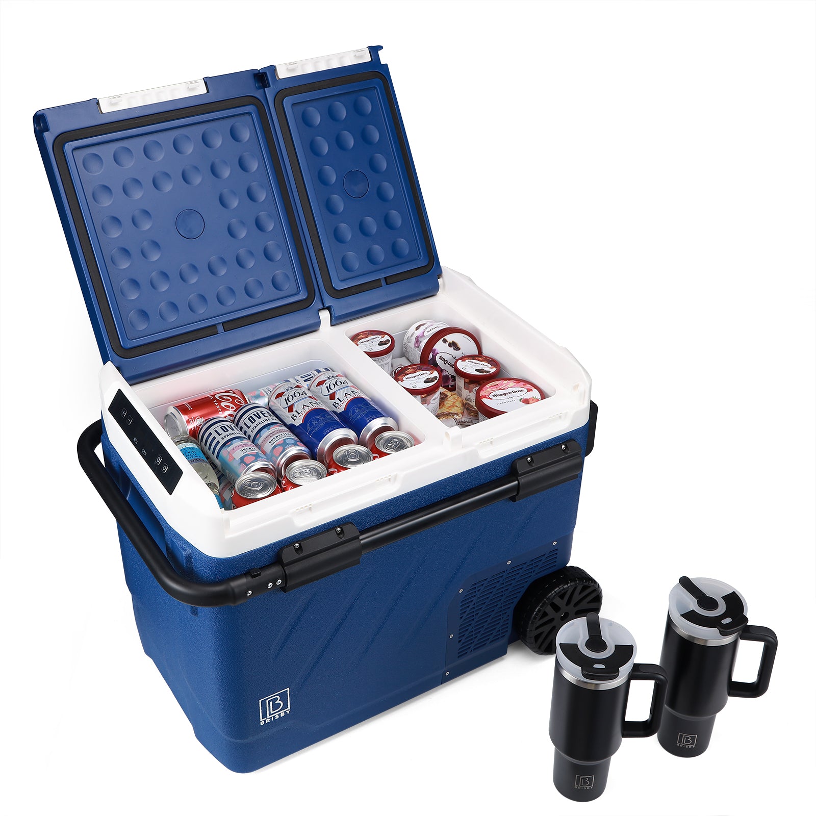 Compressor koelbox 49,1L en 8L koelbox blauw SET - Dual zone - koelen en vriezen - 12V en 230V - verrijdbaar - incl. 2x 1,2L thermosbekers