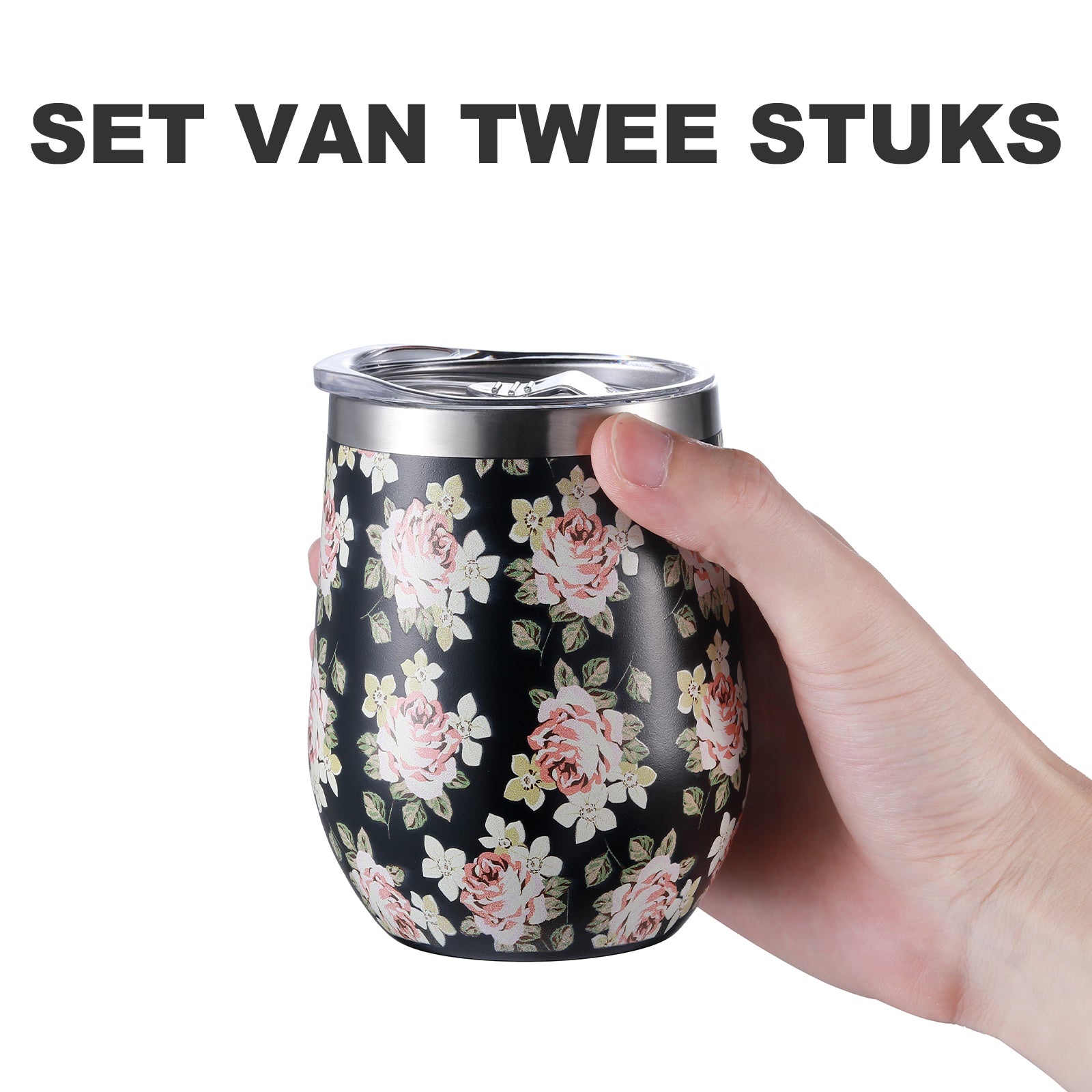 Bardi Thermosbekers 0,3L RVS black flower set - incl. deksels - dubbelwandig