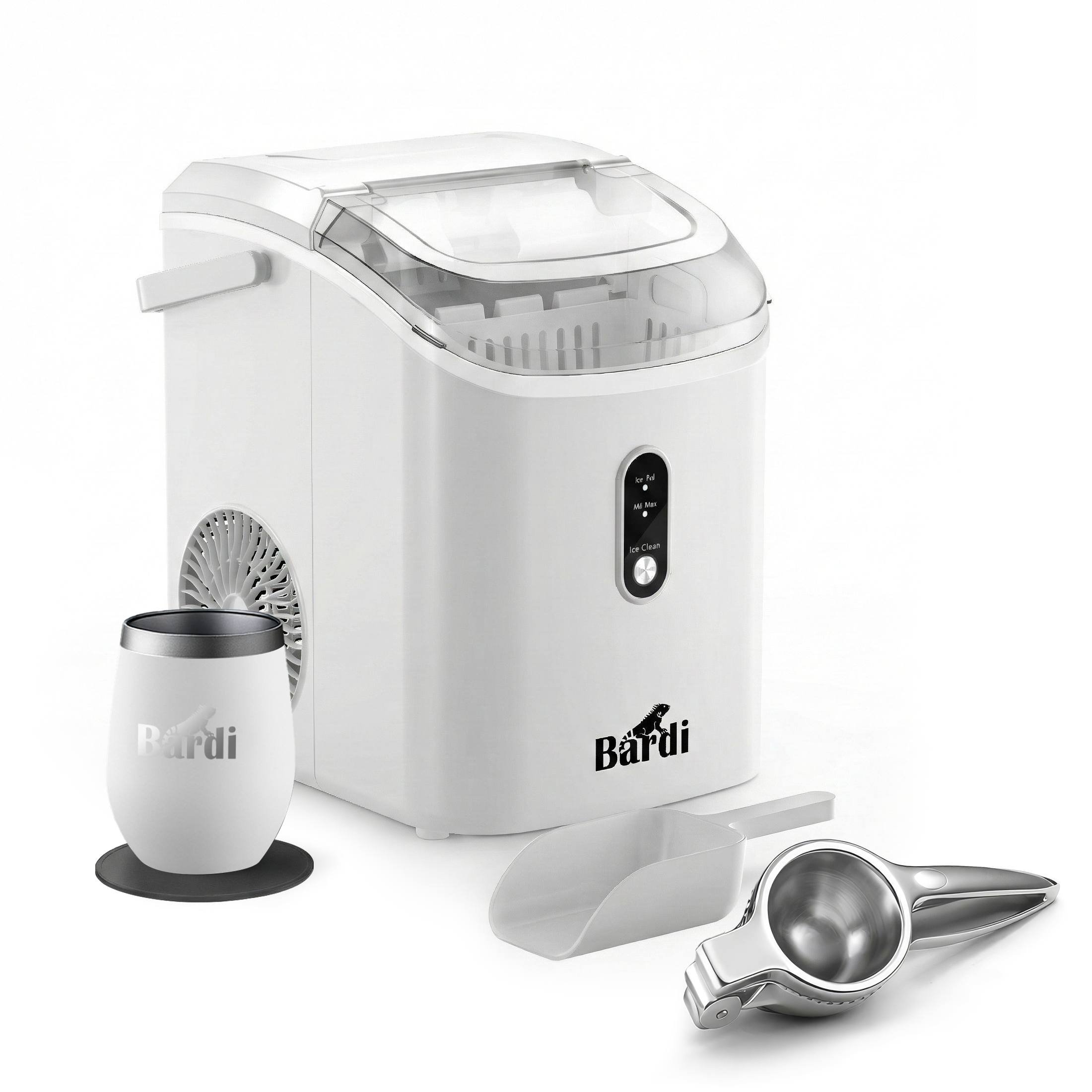 Bardi 1.1L - Nugget IJsblokjesmachine Rond - Crushed Ice Maker met IJsschep - 15kg/24 uur - Ijsblokjesmaker - Met Lux Thermosbeker - WIT - Citruspers RVS
