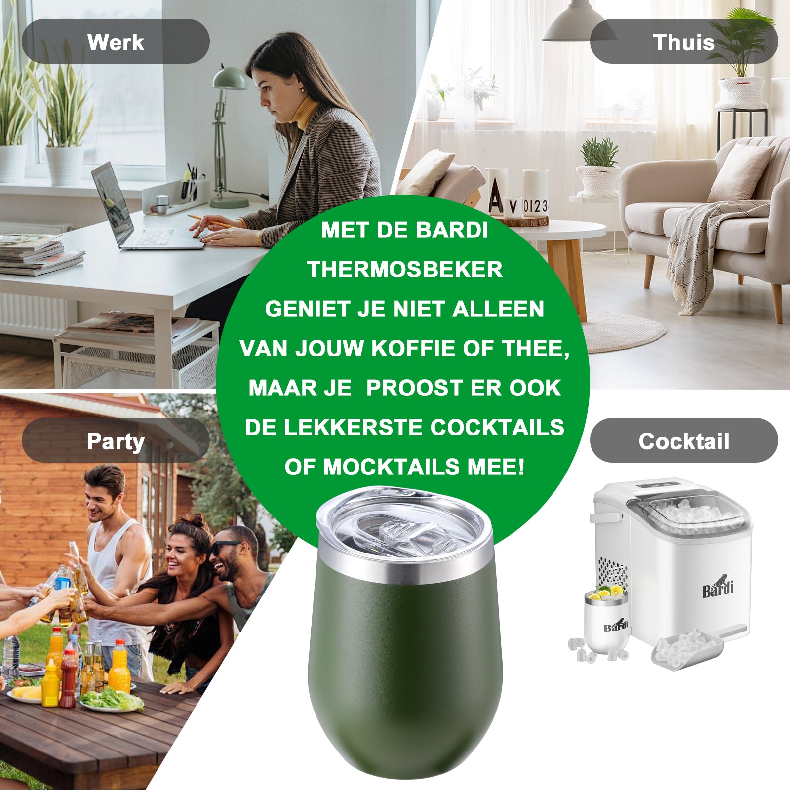 Bardi Thermosbekers 0,3L RVS groen set - incl. deksels - dubbelwandig
