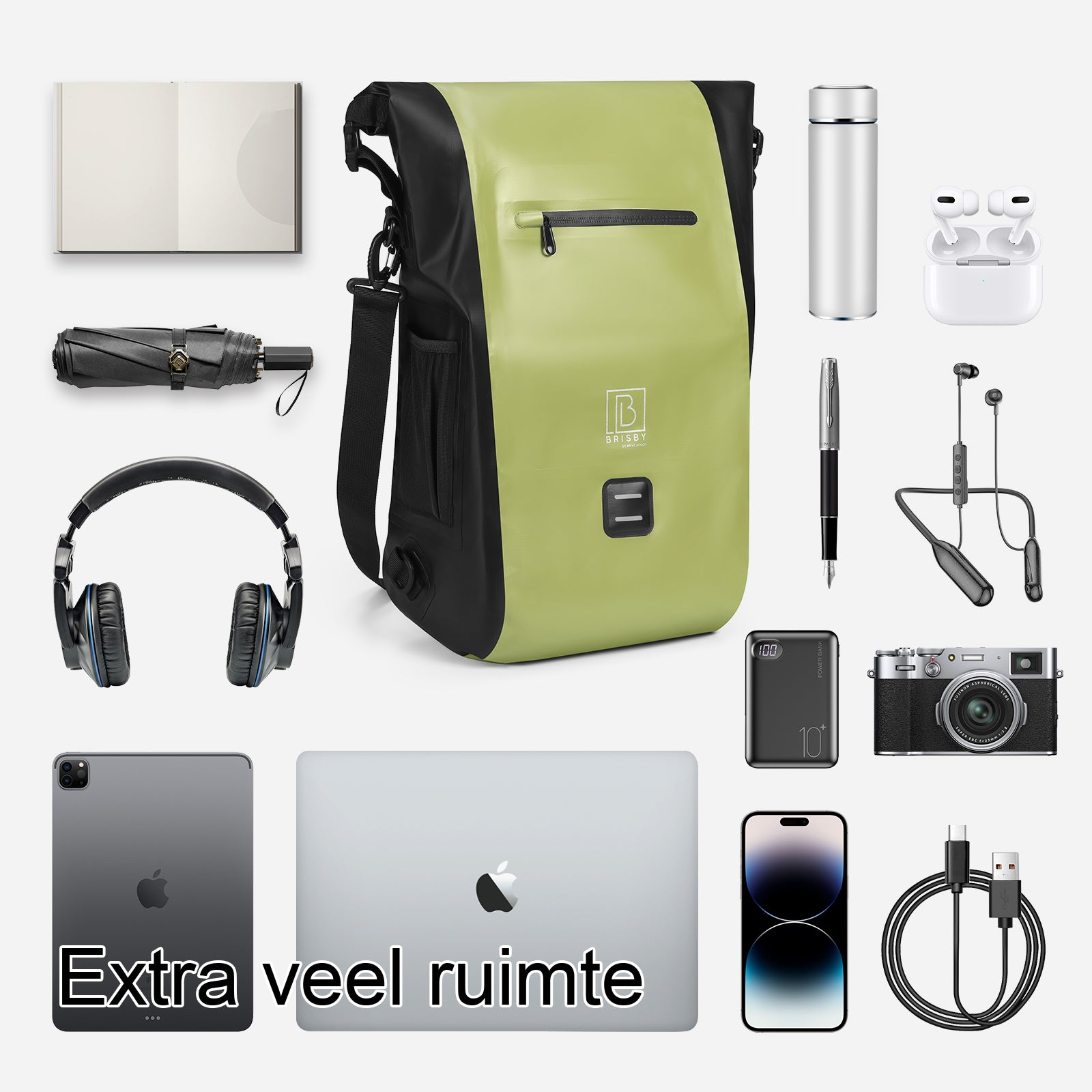 3 in 1 waterproof rolltop bicycle bag set 40-52L green - reflective - high visibility - bicycle bag - backpack - shoulder bag