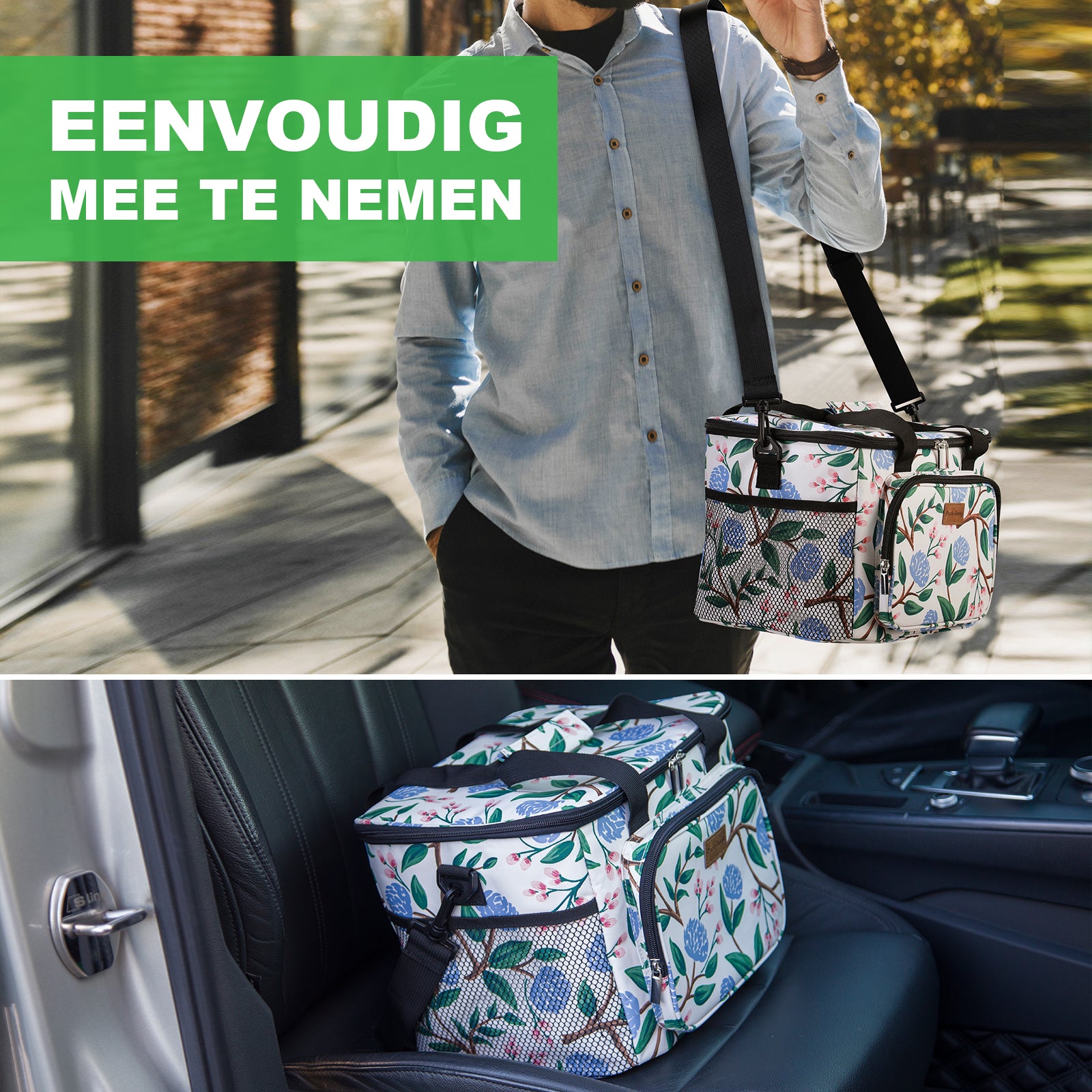 Cooler bag 15L cool bag white flower - lunch bag - 4-layer insulated - foldable - incl. 2 free cooling elements and carrying strap