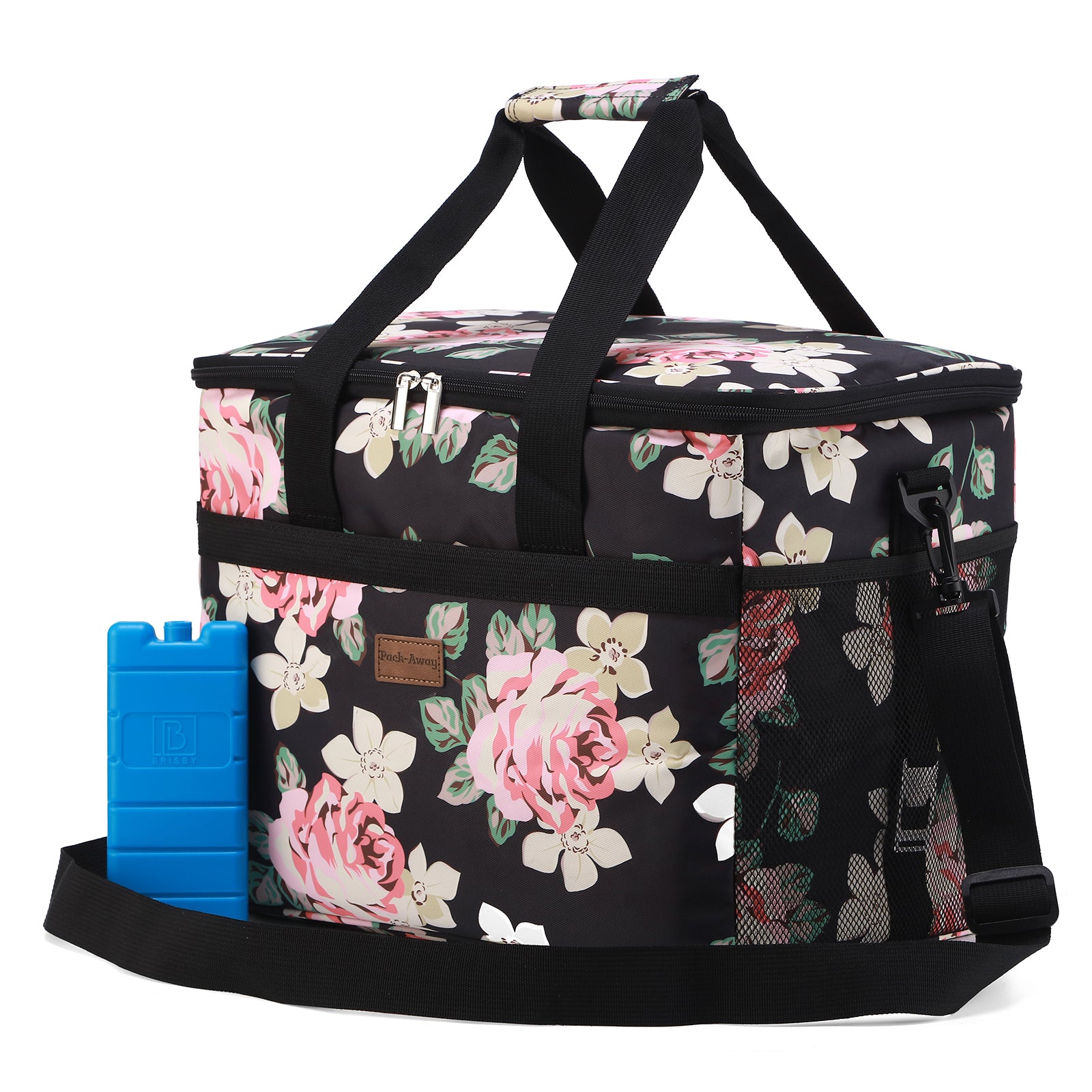 Cooler bag 30L black flower - lunch bag - foldable - 4-layer insulated - incl. 4 free cooling elements and carrying strap