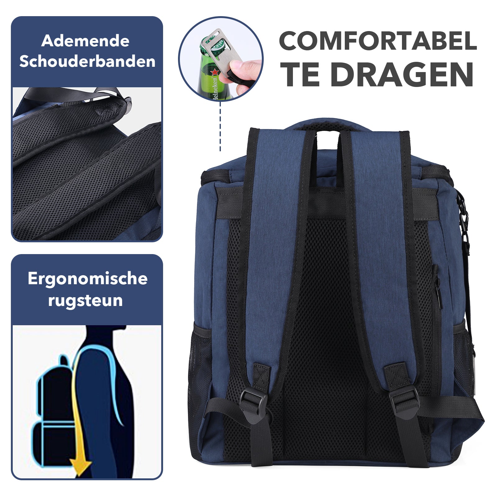Koeltas rugzak 25L blauw - Waterafstotend - anti diefstal vak - 4 laags geïsoleerd - Incl. 2 gratis koelelementen en gratis flessenopener