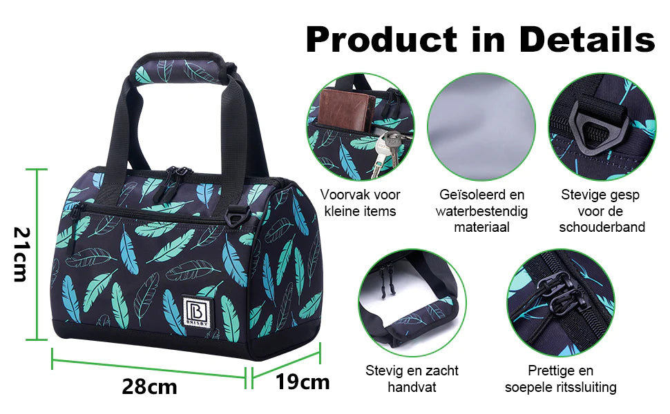 Cooler bag 10L black feathers - Lunch bag - 4-layer insulated - 2 free cooling elements - incl. shoulder strap