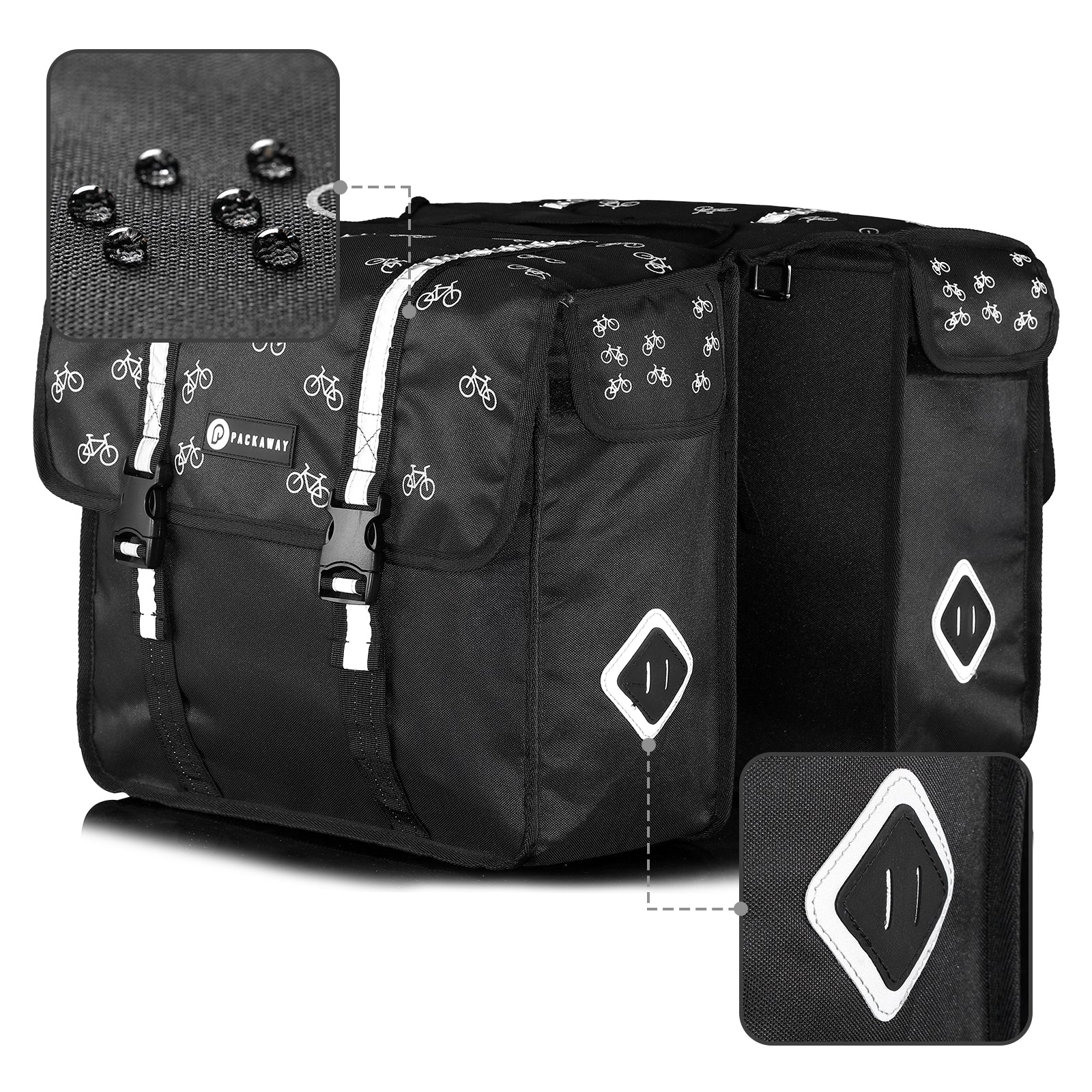 Packaway Double Panniers - Waterproof Panniers Electric Bike - Reflective - Bike Pattern Black 36 Liters