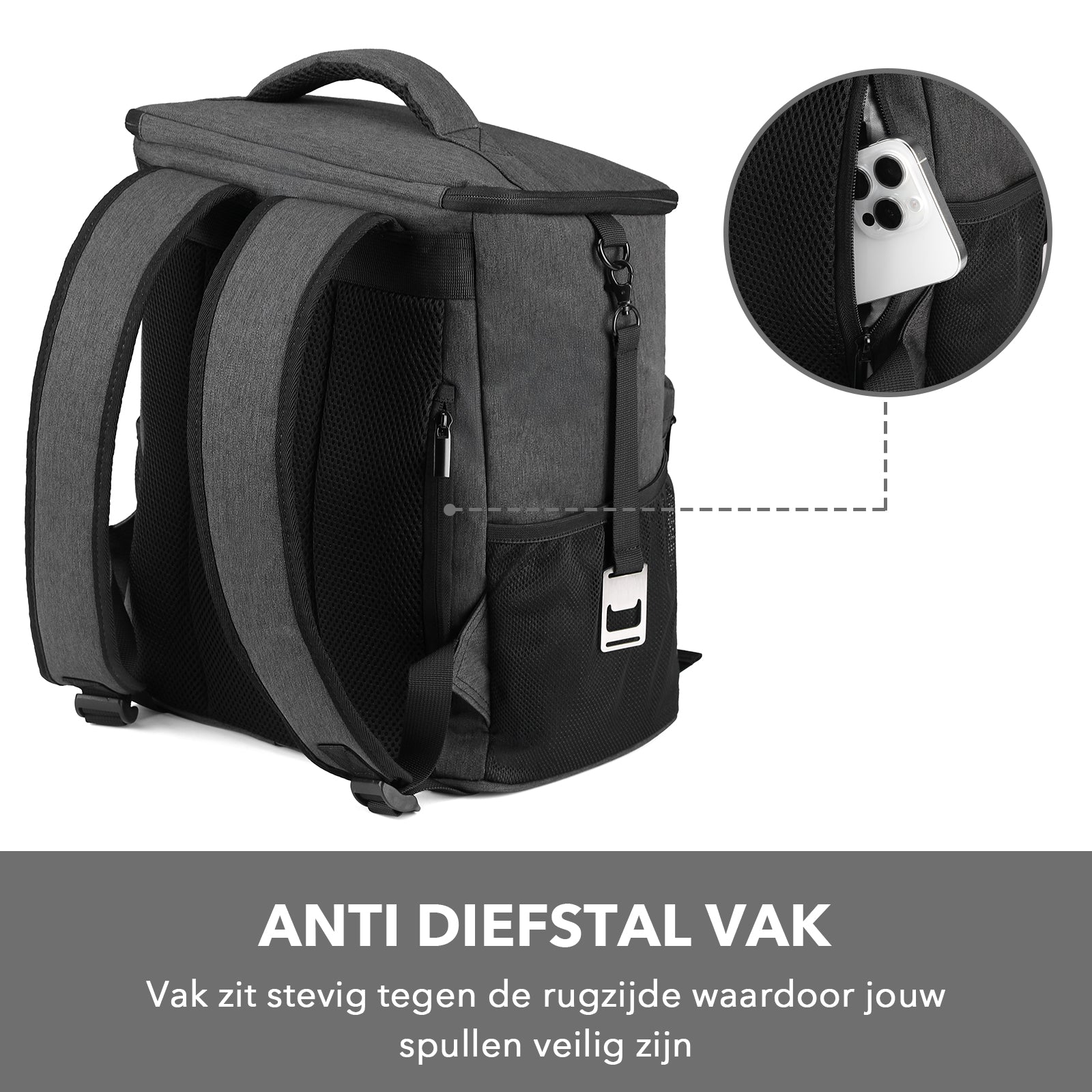 Koeltas rugzak 25L grijs - Waterafstotend - anti diefstal vak - 4 laags geïsoleerd - Incl. 2 gratis koelelementen en gratis flessenopener
