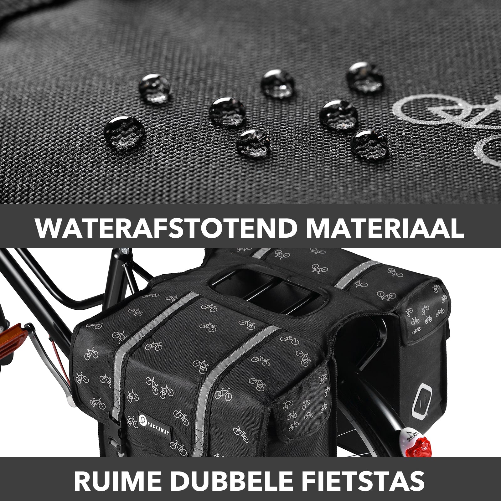 Packaway Dubbele Fietstassen 36L fietspatroon - waterdicht - reflectie