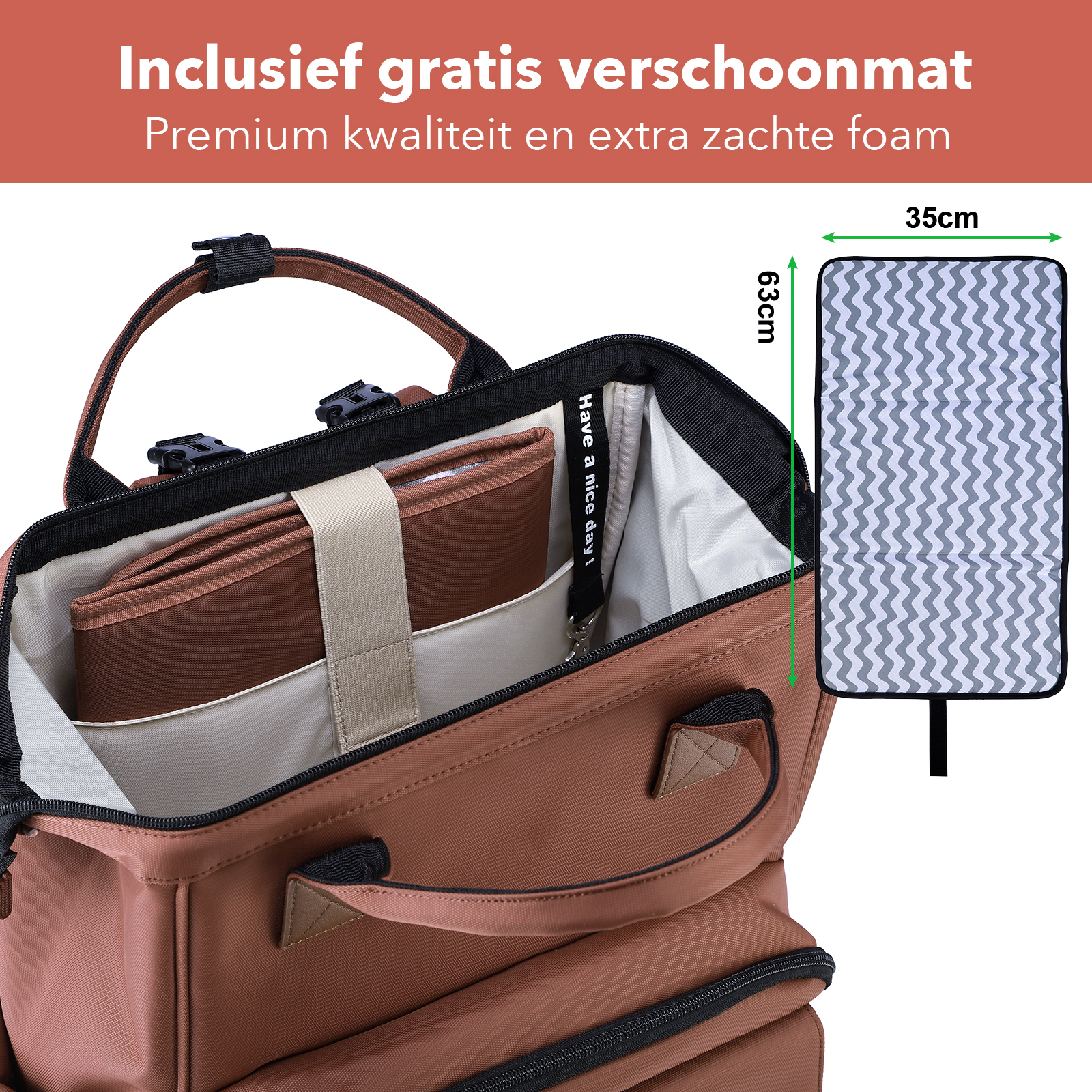 Stayopen luiertas roodbruin - Verzorgingstas - stay-open frame - USB oplaadfunctie - incl. buggymontage en verschoonmat
