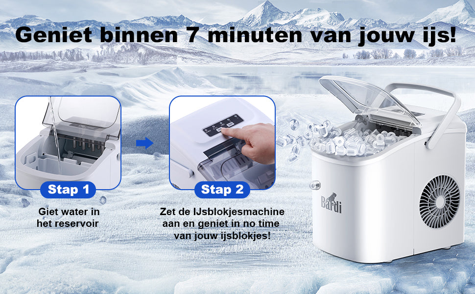 Bardi Deluxe Ice Cube Machine 1.2L white - Self-cleaning function - ice cube maker with ice scoop - Incl. luxury thermos cup and ice scoop