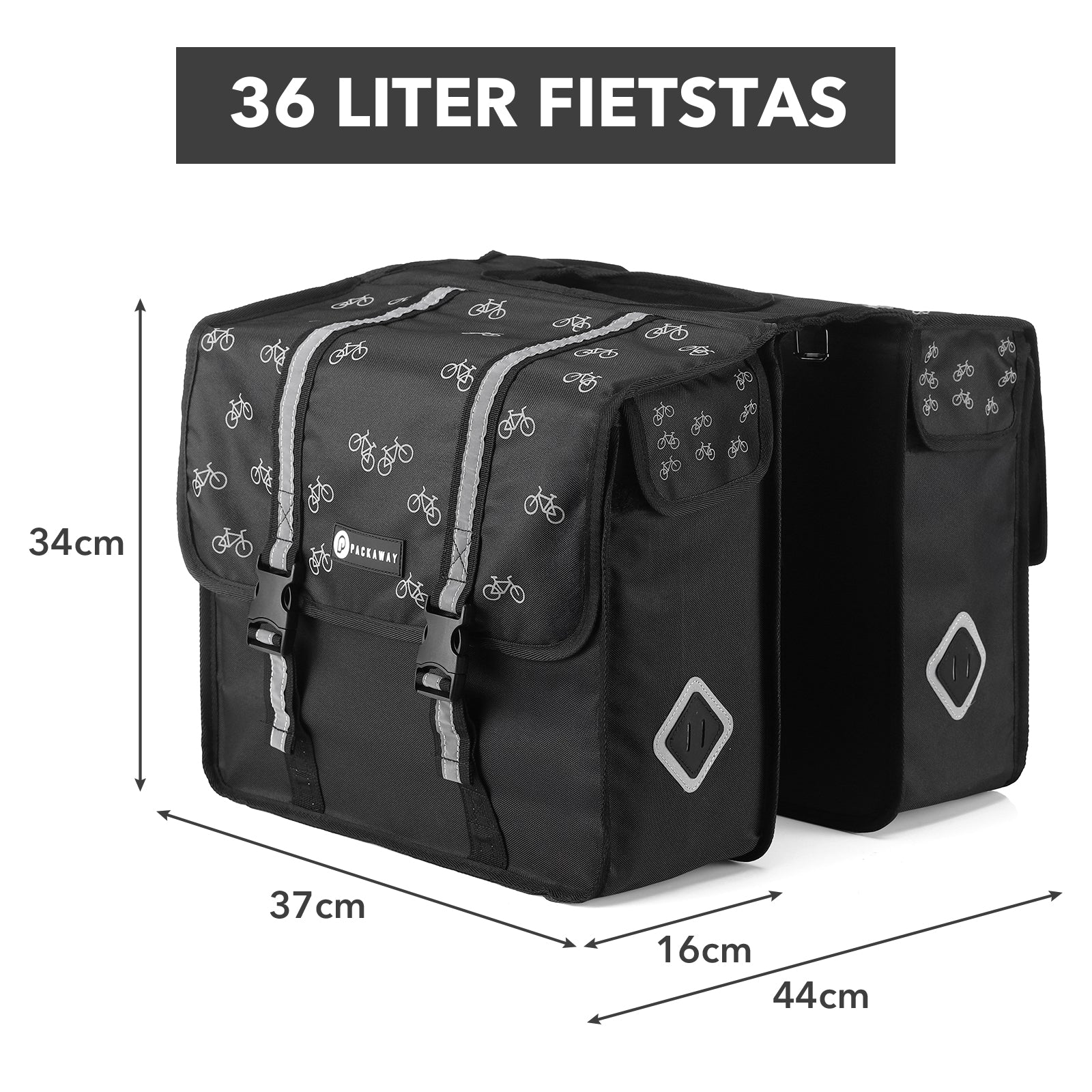 Packaway Double Panniers with Cooler Compartment - Removable Cooler Bag - Waterproof - Bicycle Pattern - 36L - Black