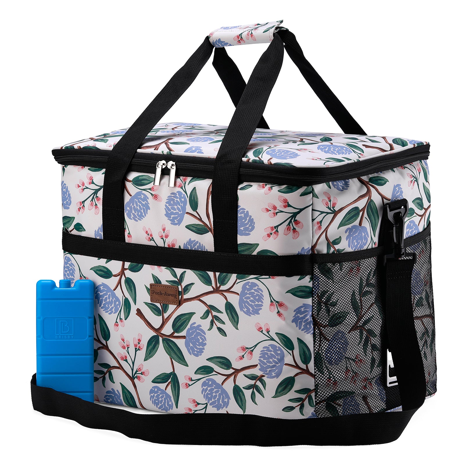 Cooler bag 40L white flower - lunch bag - foldable - 4-layer insulated - incl. 6 free cooling elements and carrying strap