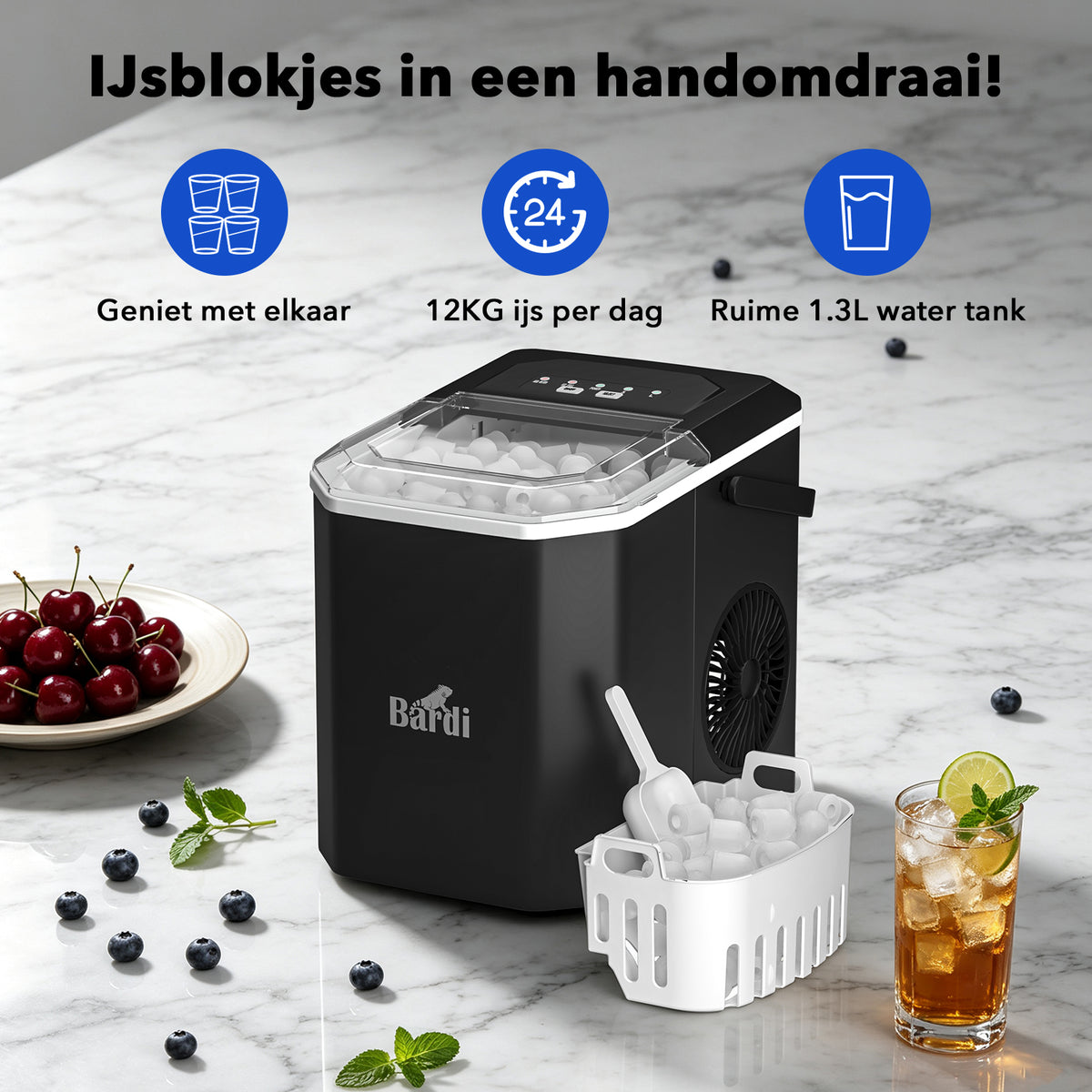 Bardi 1.3L Deluxe IJsblokjesmachine Square – IJsblokmaker Inclusief Luxe Thermosbeker en IJsschep – 9 Blokjes in 8 Minuten – ZWART