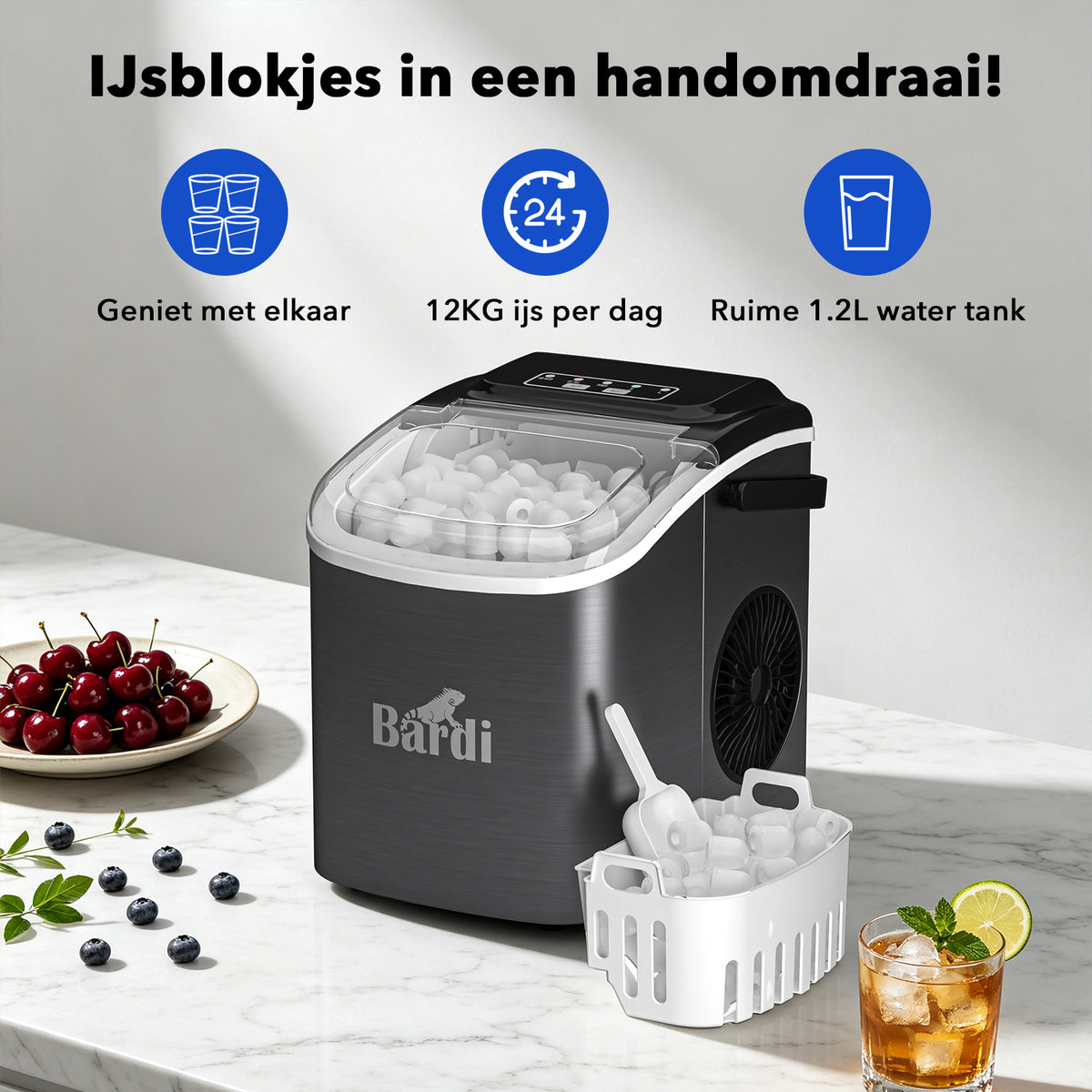 Bardi 1.2L Deluxe IJsblokjesmachine – IJsblokmaker Inclusief Luxe Thermosbeker en IJsschep – 9 Blokjes in 8 Minuten – Gunmetal Zwart