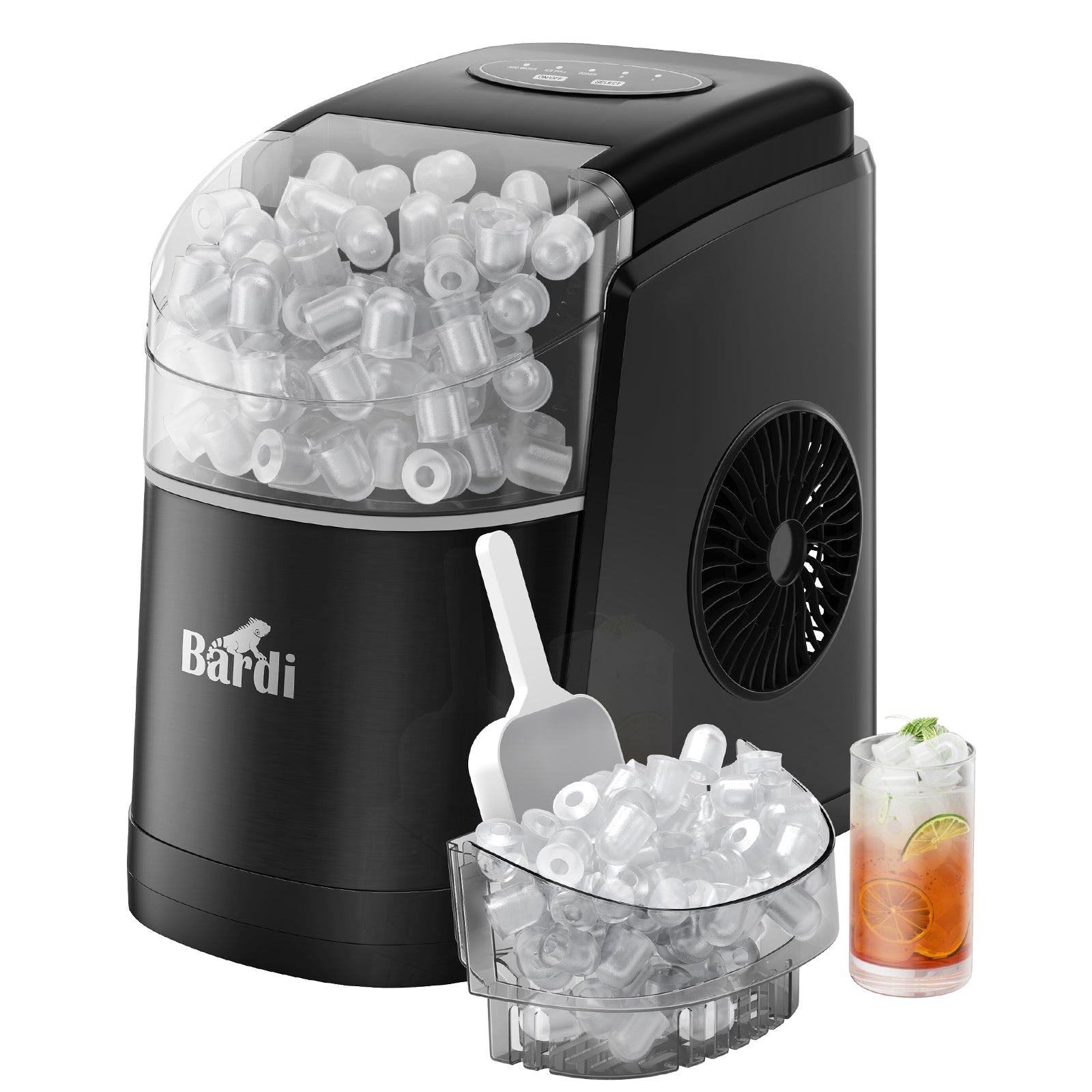 Bardi Deluxe Ice Cube Machine 1.6L black - Self-cleaning function - ice cube maker with ice scoop - Incl. luxury thermos cup and ice scoop
