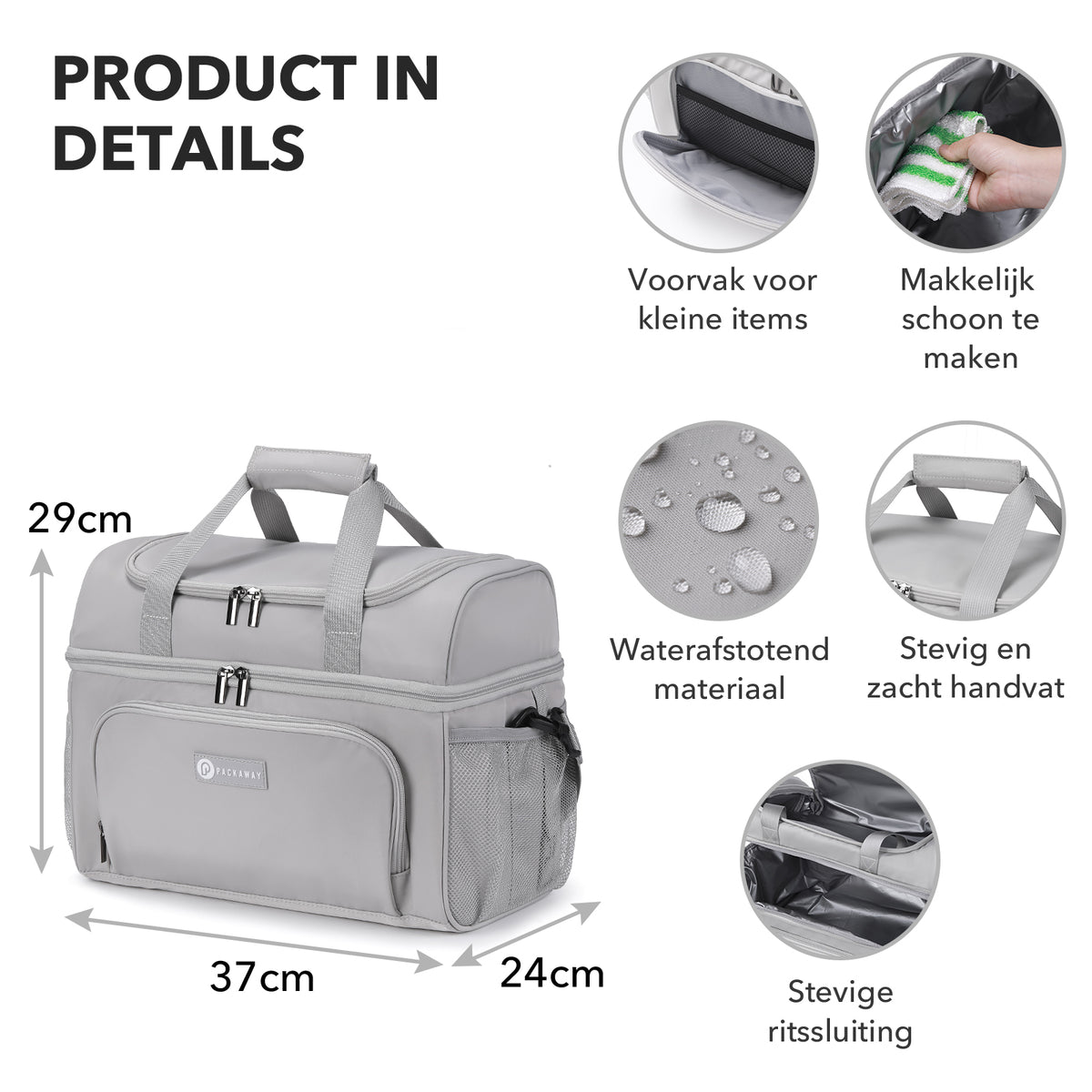 Packaway Koeltas 20L - Lunchtas - Inclusief 4 Koelelementen - Dubbel Compartiment - 4-Laags Geïsoleerd - Waterafstotend - Modern Grey