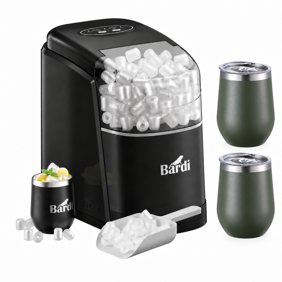 Bardi IJsblokjesmachine set 1,6L zwart - incl. 3 thermoscups groen en ijsschep