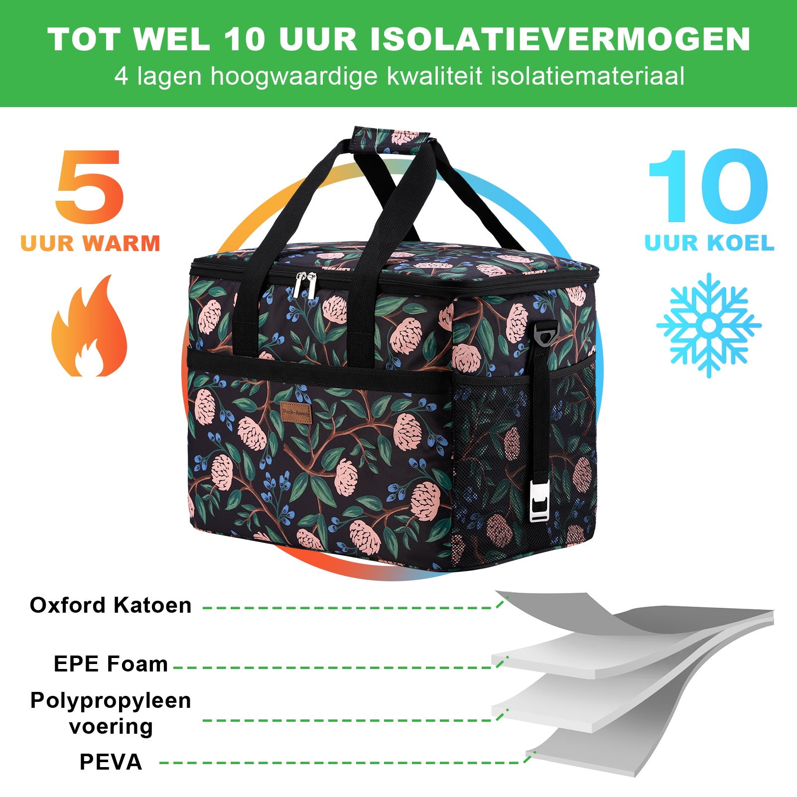 Cooler bag 40L passion flower - lunch bag - foldable - 4-layer insulated - incl. 6 free cooling elements and carrying strap