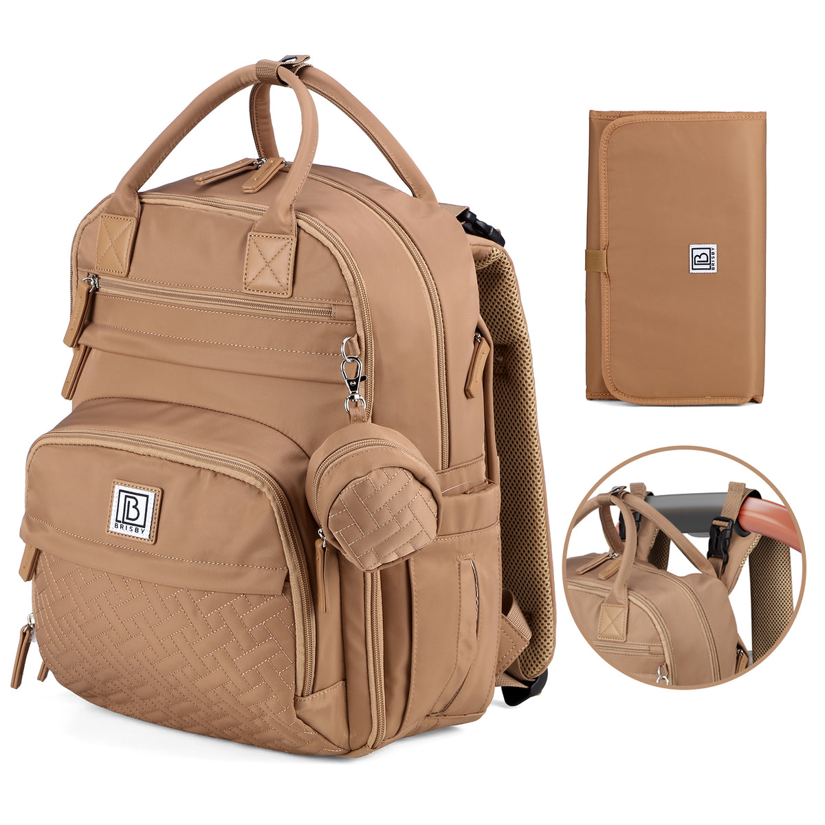 Brisby Premium Luiertas – Uitgebreide en Functionele Verzorgingstas – met buggymontage – Anti Diefstal Vakken - Reistrolley Sleeve - Inclusief verschoonmatje t.w.v.15,99 euro en speenhouder - Levenslange Garantie - True Terracotta