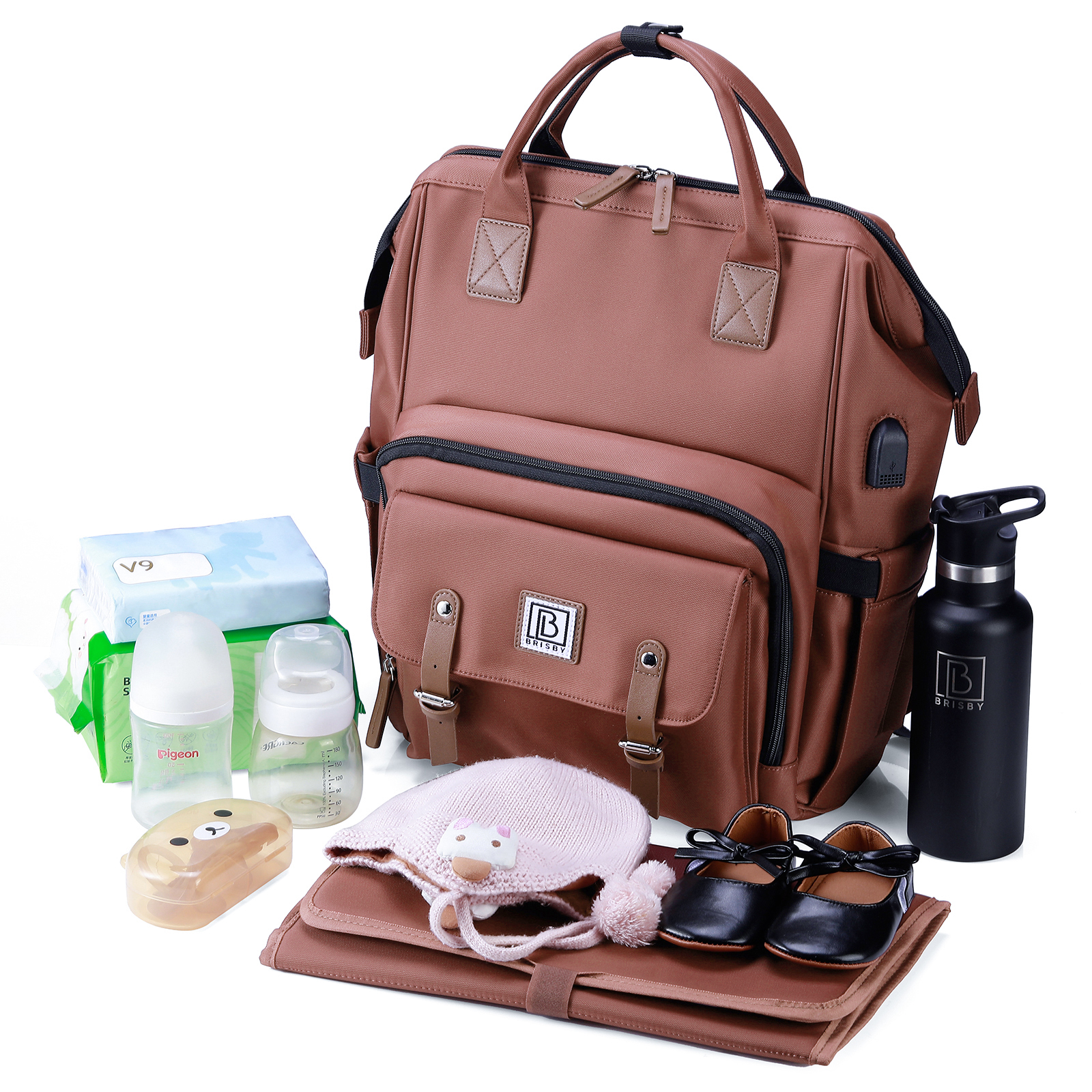 Stayopen luiertas roodbruin - Verzorgingstas - stay-open frame - USB oplaadfunctie - incl. buggymontage en verschoonmat