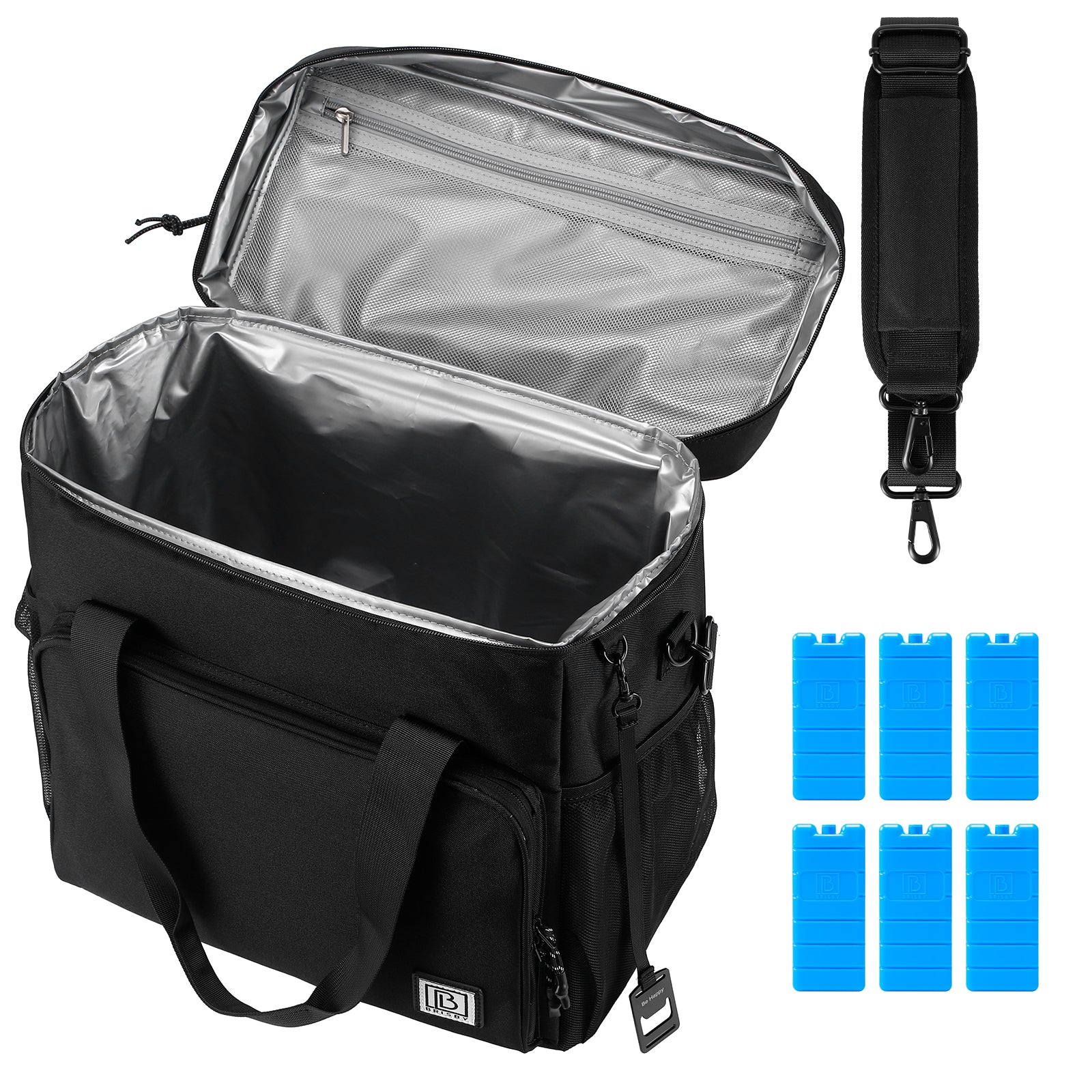 Cooler bag 40L black with gray interior - Lunch bag - 4-layer insulated - 6 free cooling elements - incl. shoulder strap