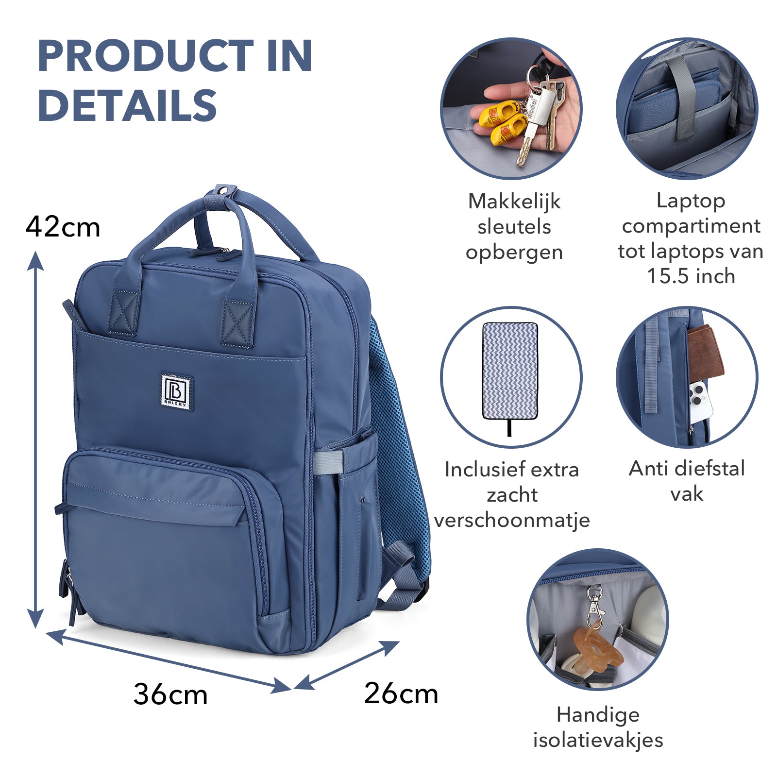 Brisby slijtvaste Luiertas – verzorgingstas – met buggymontage - Nordic Blue