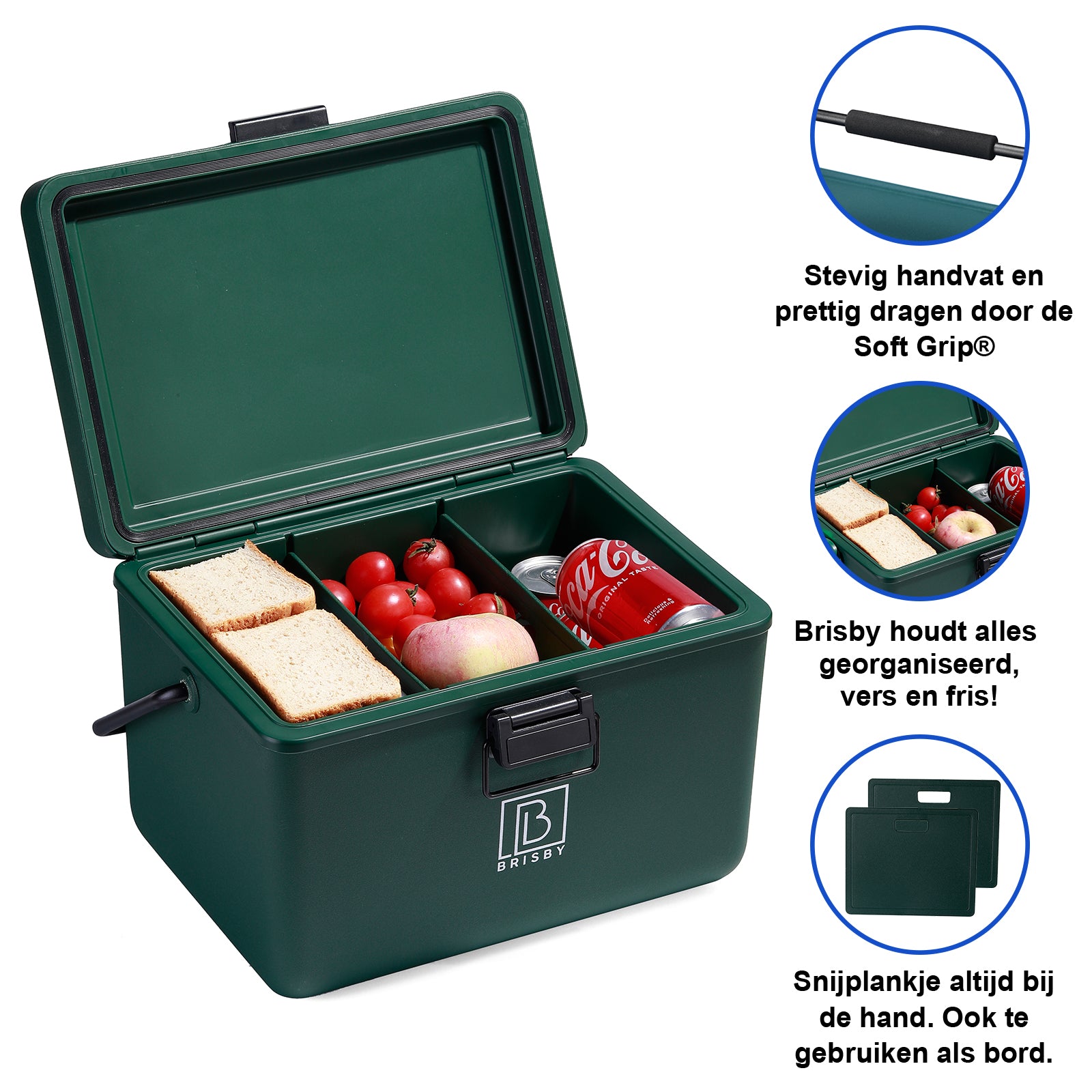 Koelbox 12L met handvat groen - Dividers - snijplanken - tot maximaal 40 uur isolatie - incl. 2 koelelementen van 200ml