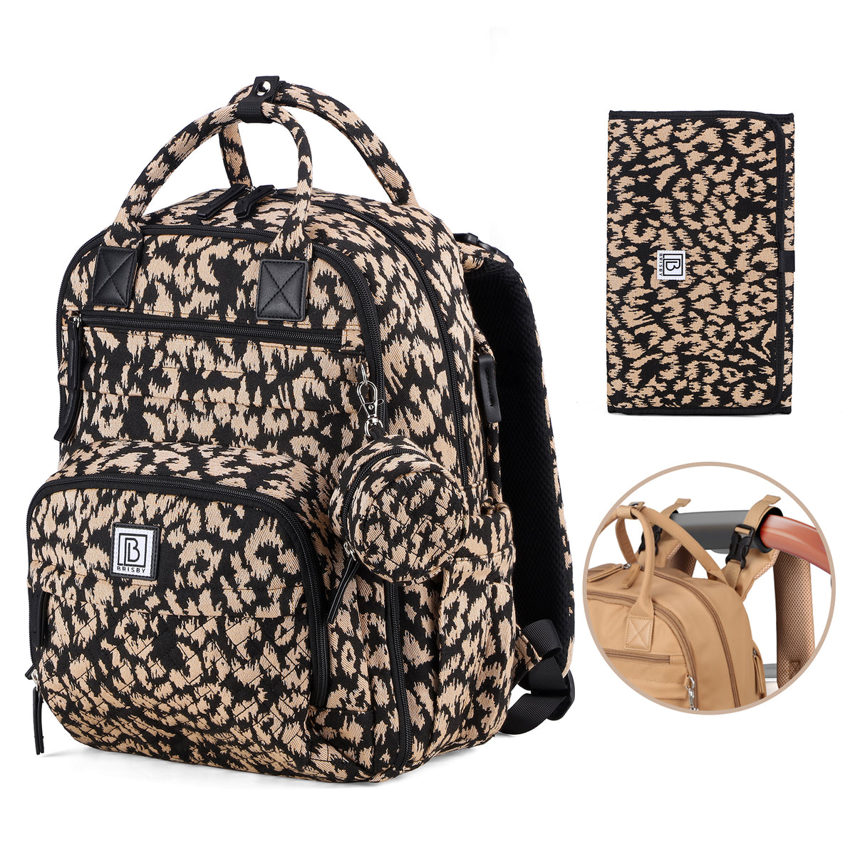Brisby Premium Luiertas – Uitgebreide en Functionele Verzorgingstas – met buggymontage – Anti Diefstal Vakken - Reistrolley Sleeve - Inclusief verschoonmatje t.w.v.15,99 euro en speenhouder - Levenslange Garantie - Leo