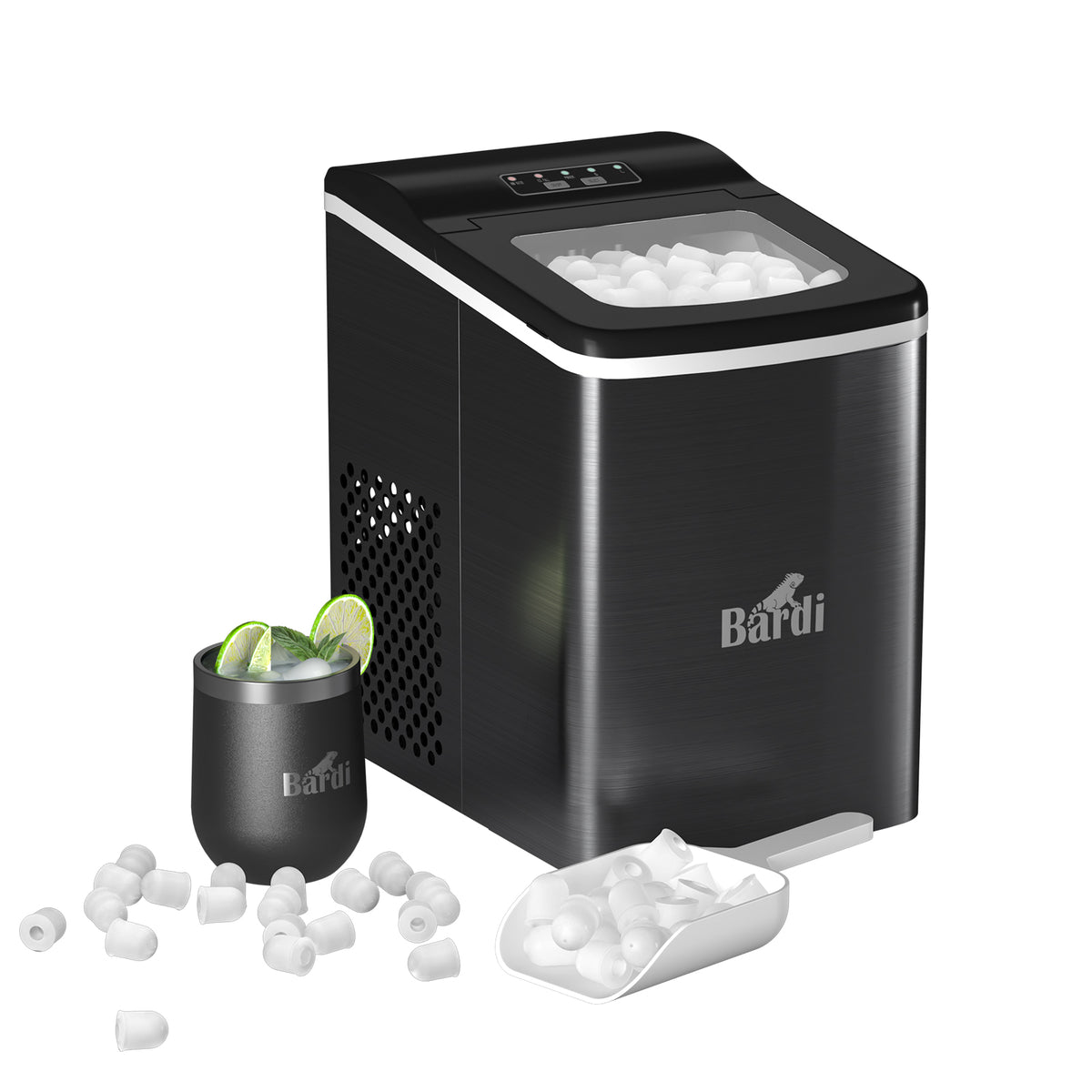 Bardi 2.0L Deluxe IJsblokjesmachine – IJsblokmaker Inclusief Luxe Thermosbeker en IJsschep – 9 Blokjes in 8 Minuten – GUNMETAL RVS