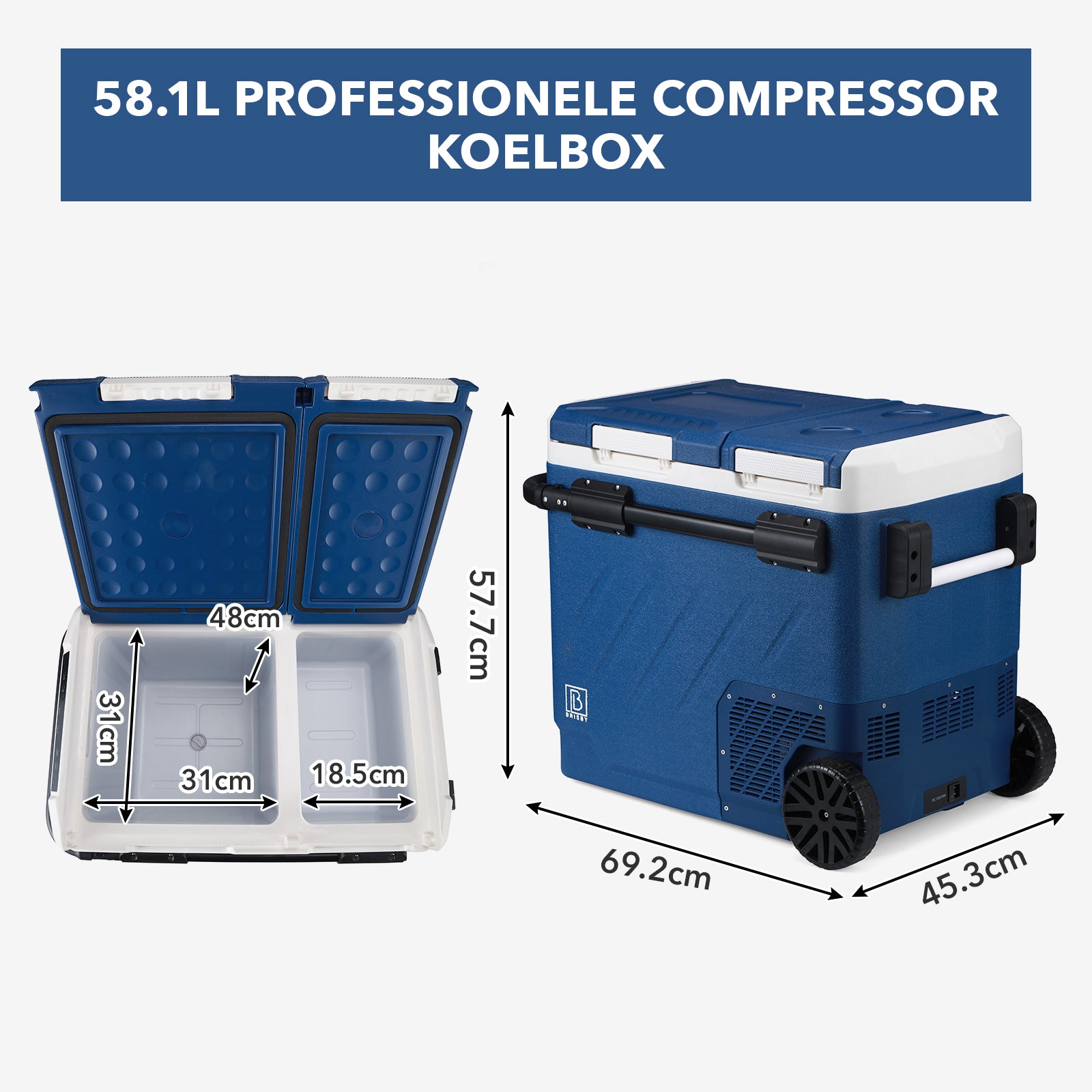 Compressor koelbox 58,1L en 8L koelbox blauw SET - Dual zone - koelen en vriezen - 12V en 230V - verrijdbaar - incl. 2x 1,2L thermosbekers