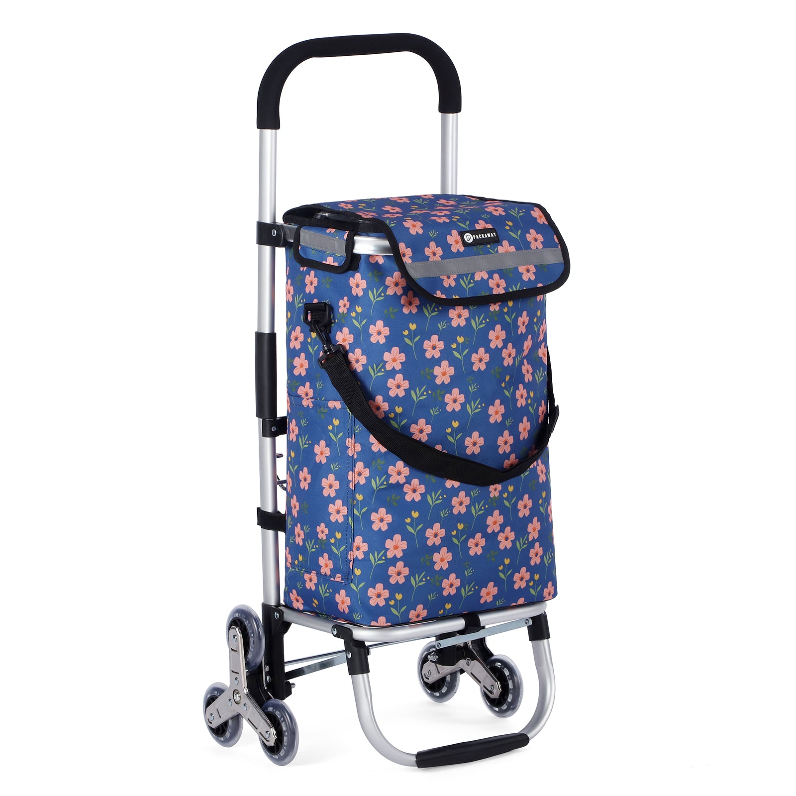 Packaway Boodschappentrolley met Trapwielen 40 Liter - Opvouwbare Boodschappenwagen met ruim Koelvak - Blue Blossom