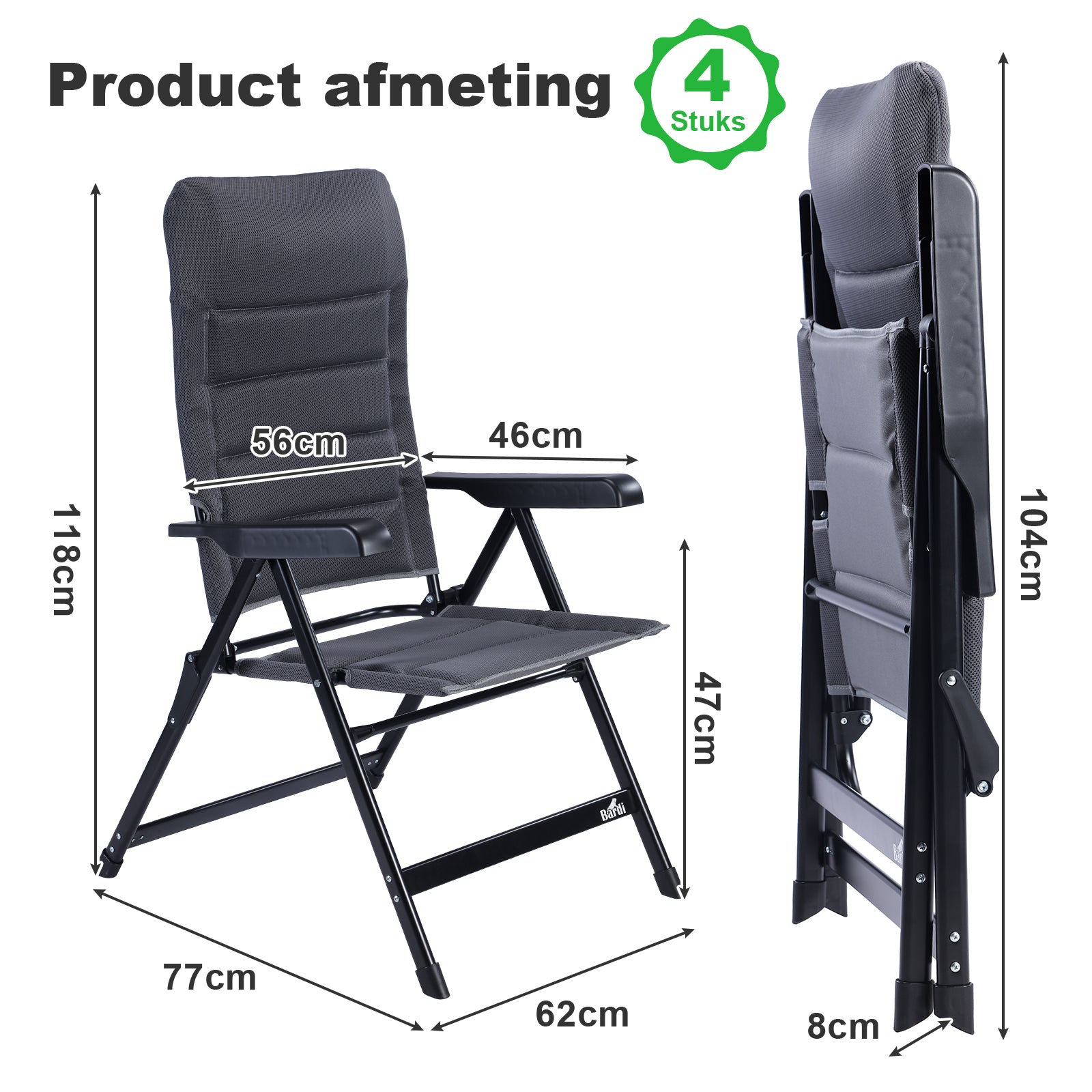 4-delige luxe campingstoelen set - 7 standen - 120 kg draagvermogen - lichtgewicht - grijs
