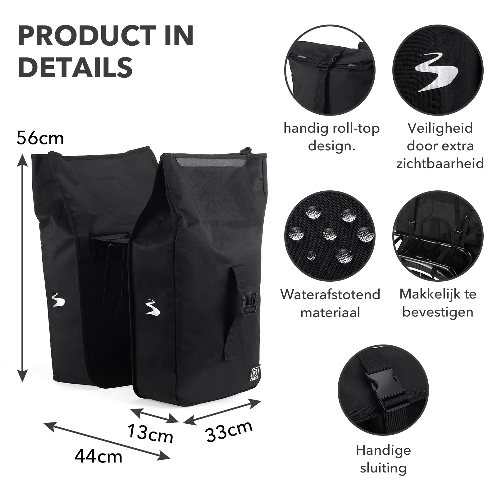 Brisby Dubbele Fietstas Rolltop Zwart 39-48L Waterdicht Geschikt voor Elektrische Fietsen & E-Bike - Zwart
