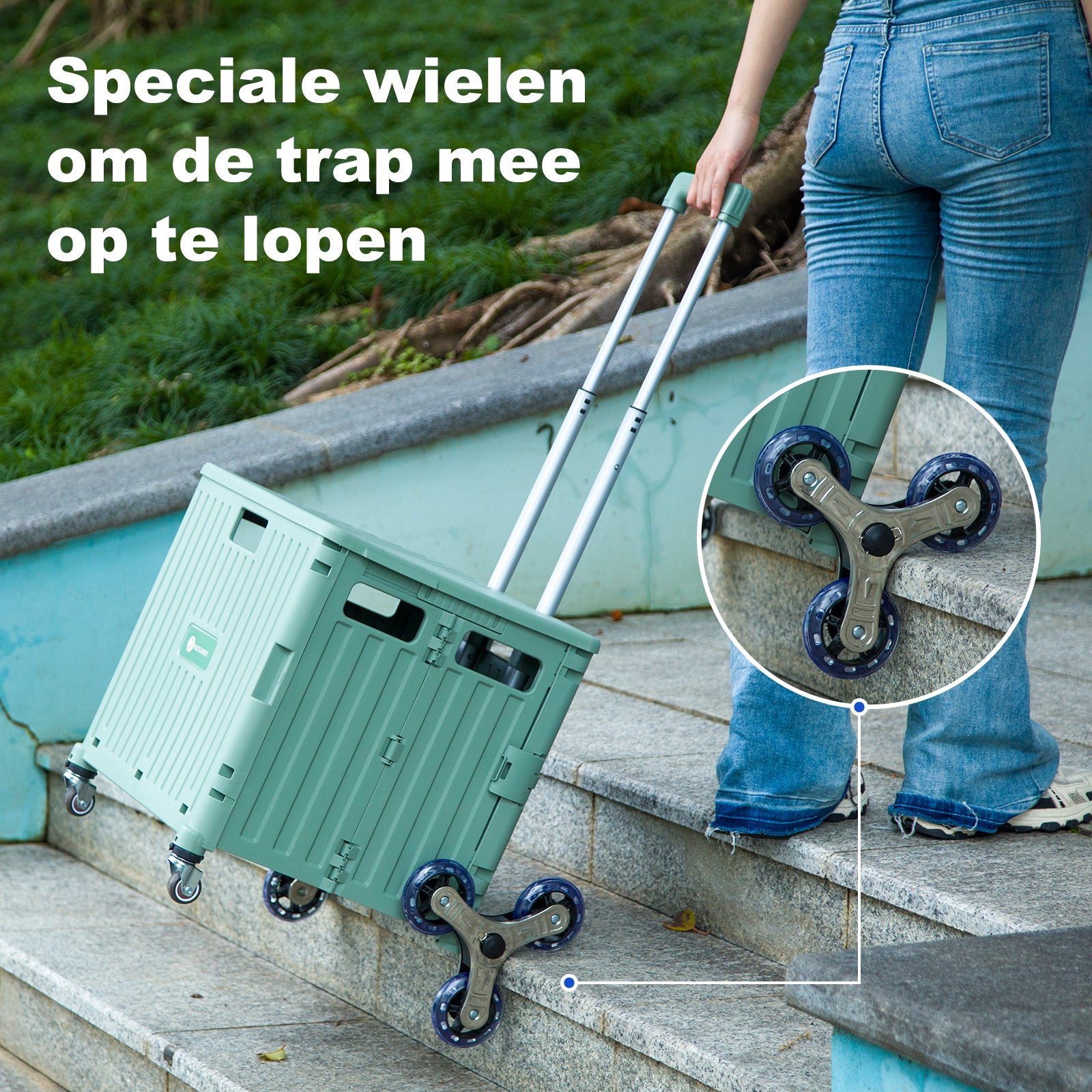 Shopping trolley 50L XL with green pedal wheels - shopping crate - 35 kg load capacity - with lid and telescopic handle