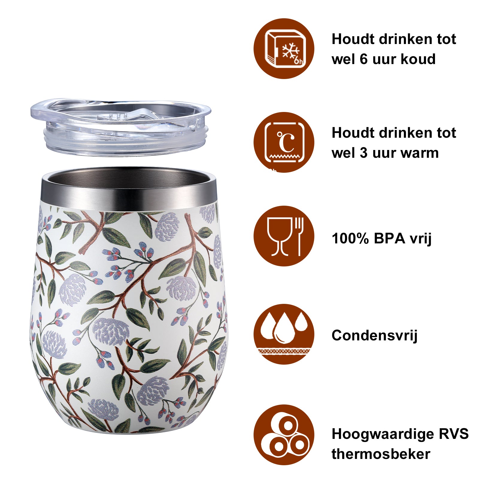 Bardi Thermosbekers 0,3L RVS white flower set - incl. deksels - dubbelwandig