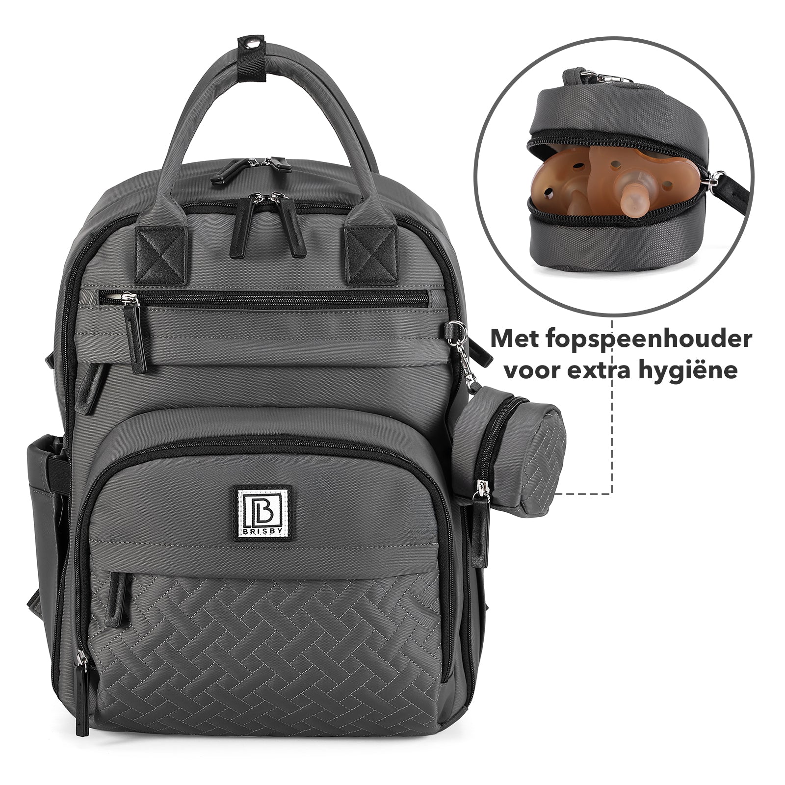 Premium luiertas donkergrijs - uitgebreide en functionele verzorgingstas - met buggymontage - anti diefstal vakken - reistrolley sleeve - incl. verschoonmatje en speenhouder - levenslange garantie