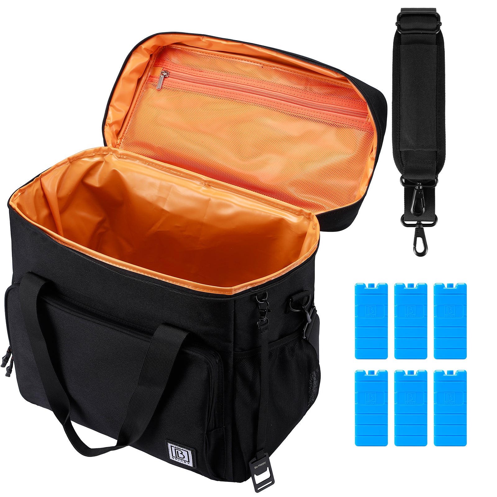 Koeltas 40L zwart-oranje binnenzijde - Lunchtas - 4-laags geïsoleerd - incl. 6 gratis koelelementen en schouderband