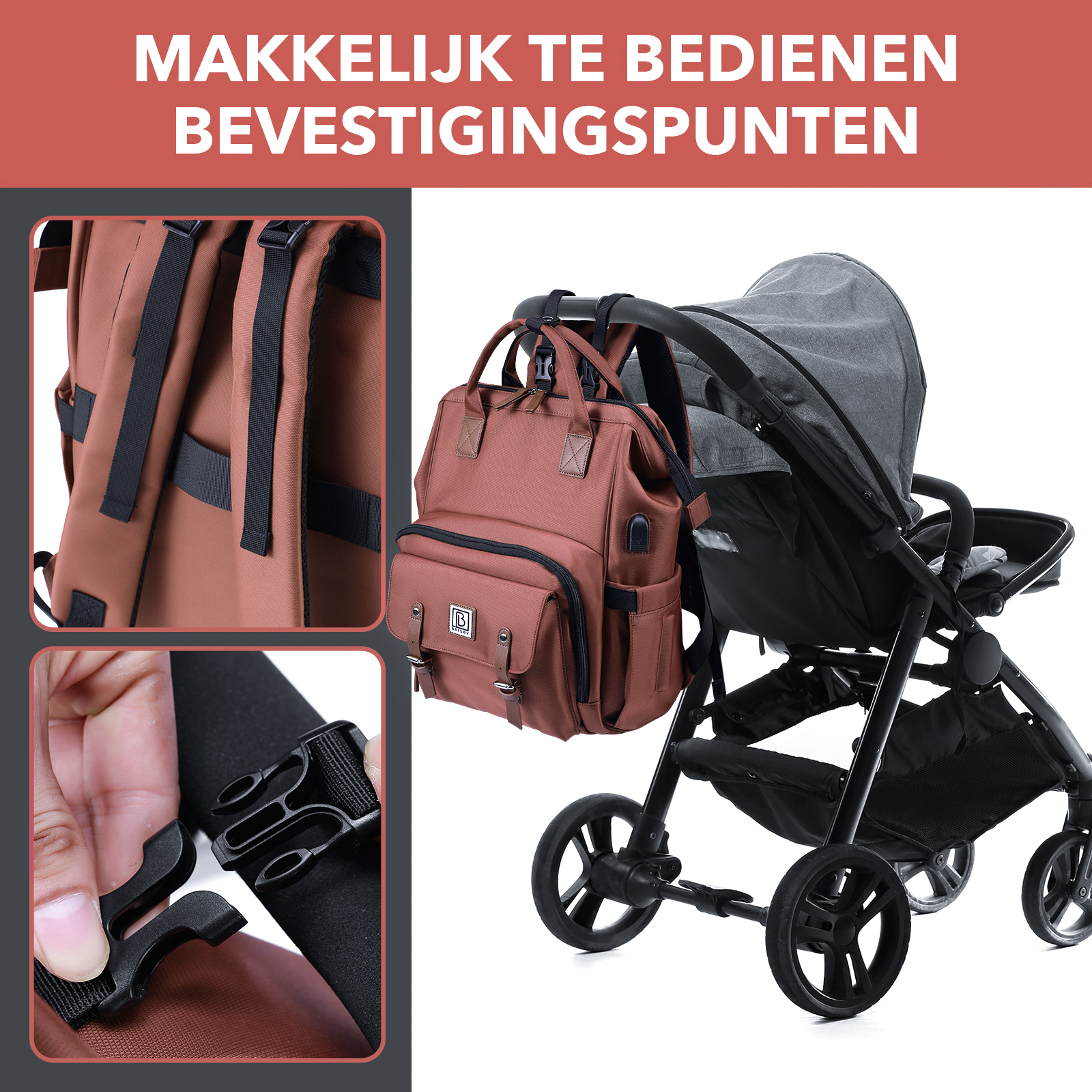 Stayopen luiertas roodbruin - Verzorgingstas - stay-open frame - USB oplaadfunctie - incl. buggymontage en verschoonmat
