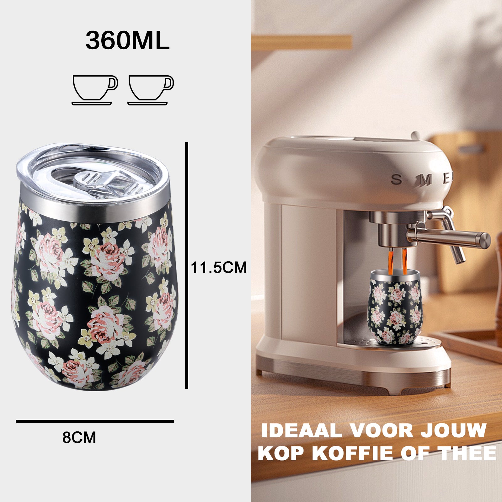 Bardi Thermosbekers 0,3L RVS black flower set - incl. deksels - dubbelwandig