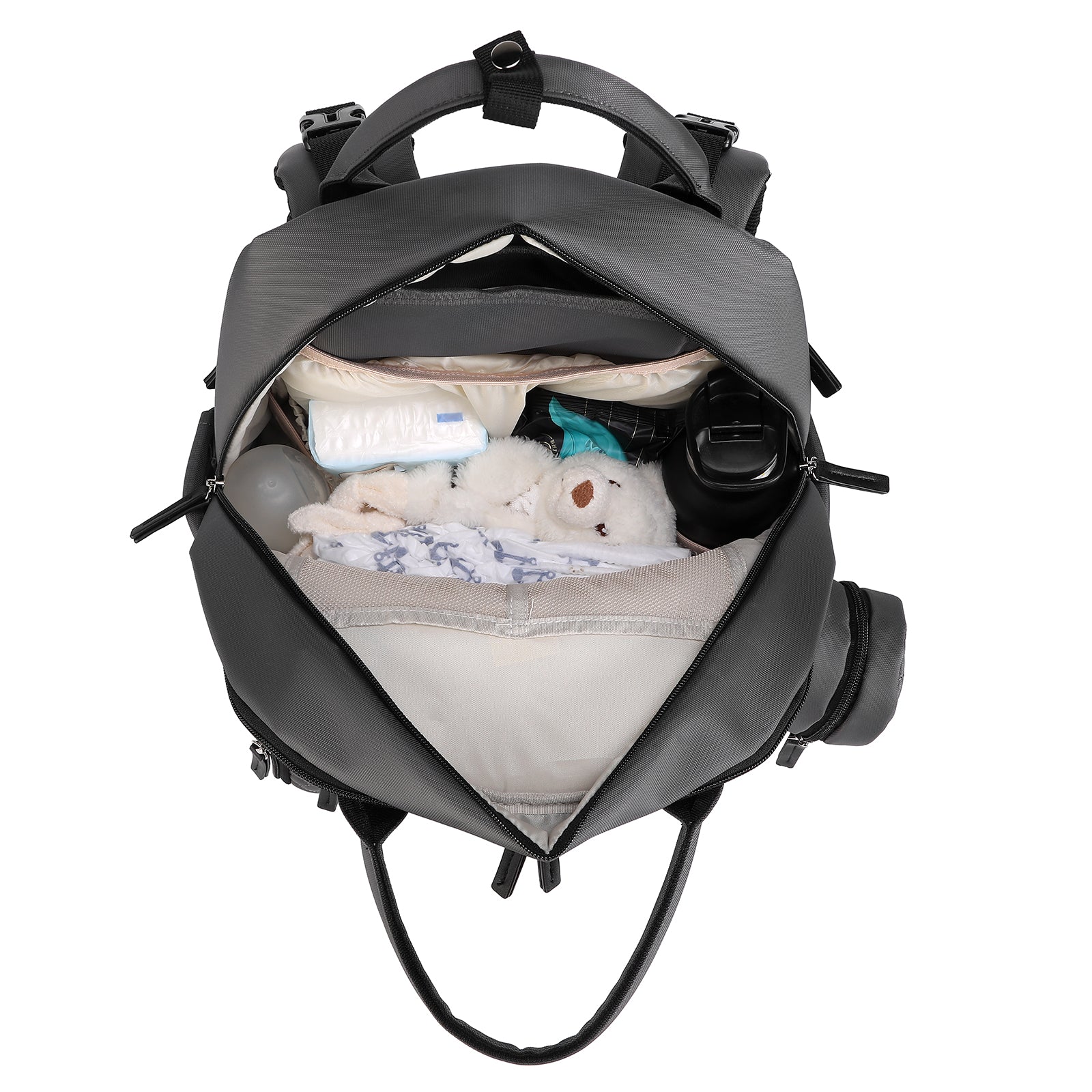 Premium luiertas donkergrijs - uitgebreide en functionele verzorgingstas - met buggymontage - anti diefstal vakken - reistrolley sleeve - incl. verschoonmatje en speenhouder - levenslange garantie