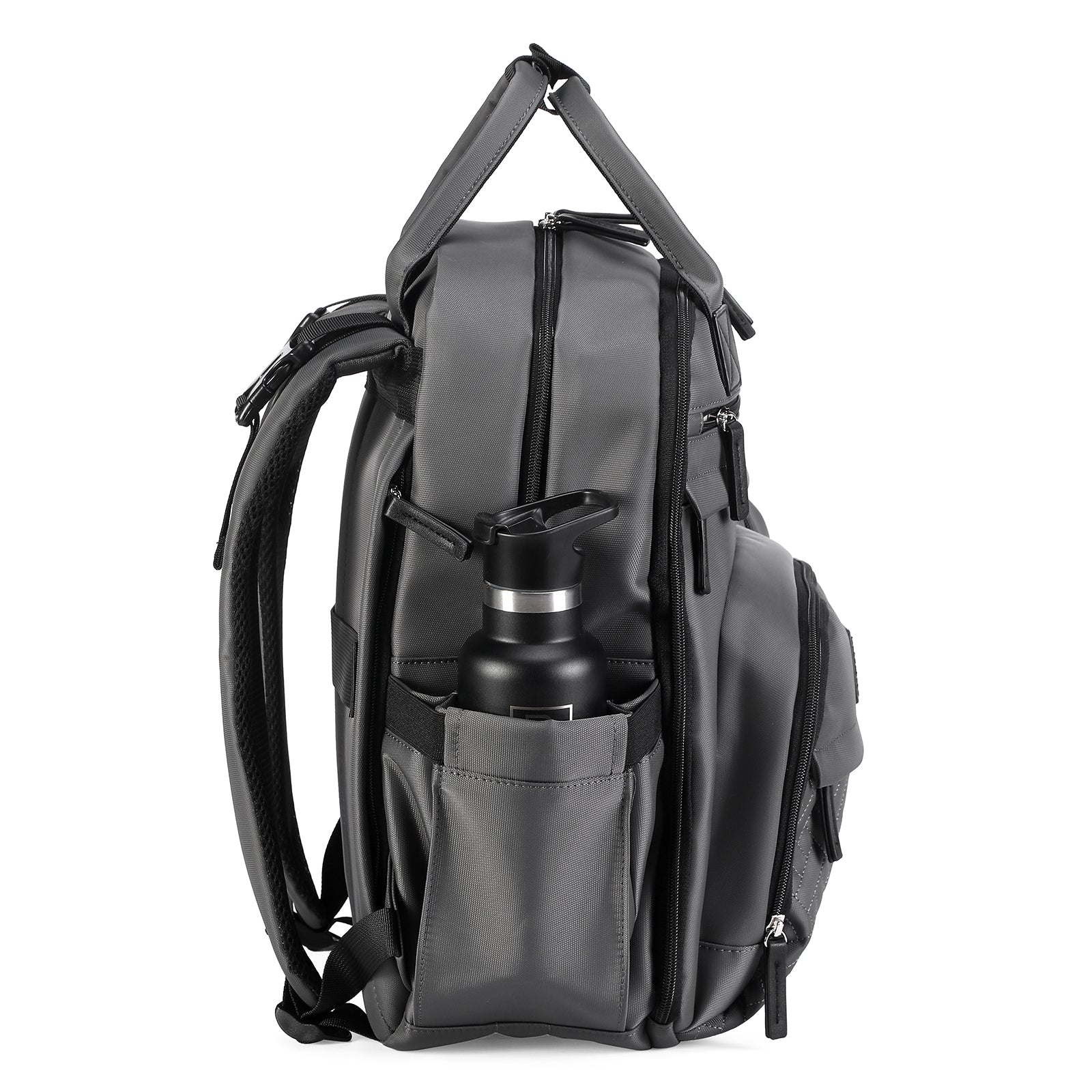 Premium luiertas donkergrijs - uitgebreide en functionele verzorgingstas - met buggymontage - anti diefstal vakken - reistrolley sleeve - incl. verschoonmatje en speenhouder - levenslange garantie