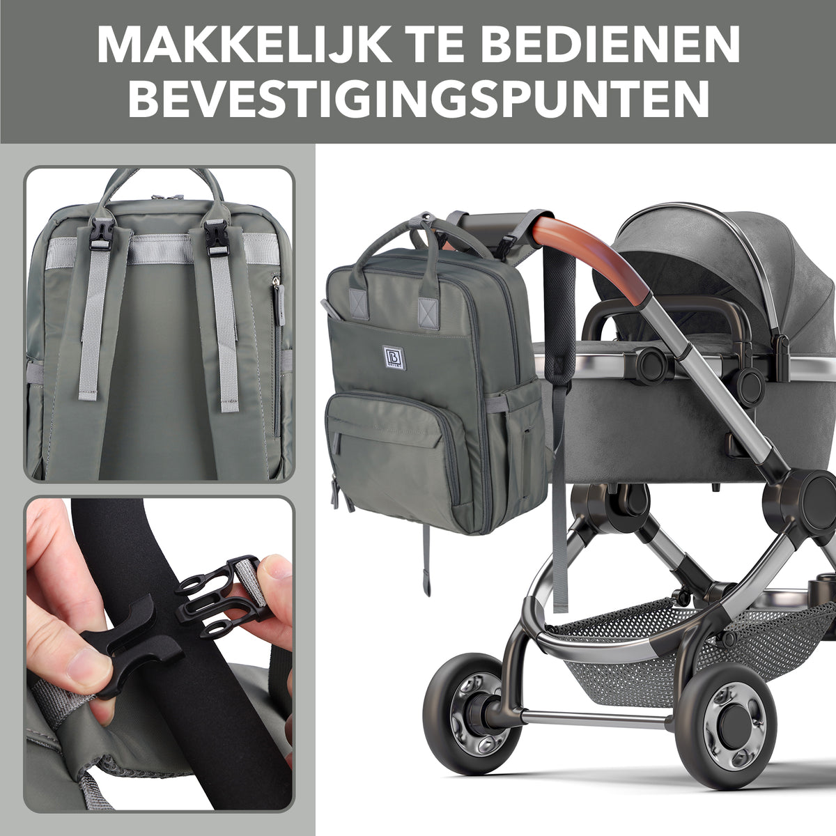 Brisby slijtvaste Luiertas – verzorgingstas – met buggymontage - Mist Green