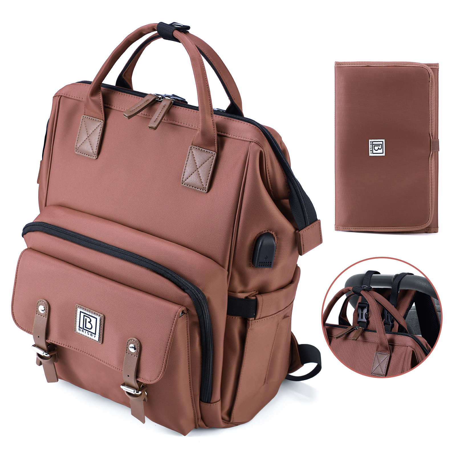 Stayopen luiertas roodbruin - Verzorgingstas - stay-open frame - USB oplaadfunctie - incl. buggymontage en verschoonmat