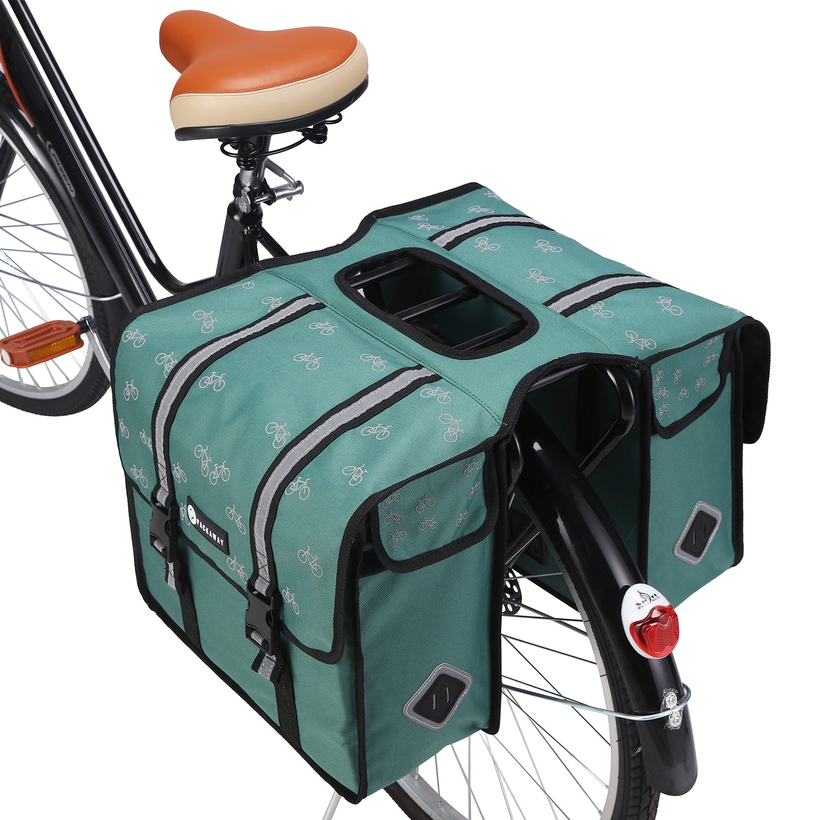 Packaway Dubbele Fietstassen 36L patroon zwart groen - waterdicht - reflectie