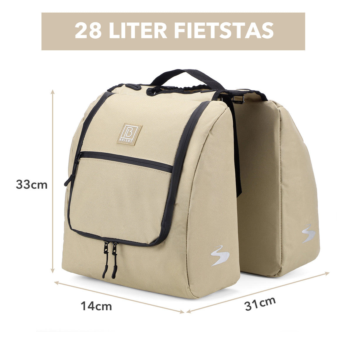 Brisby Dubbele Fietstas 28 Liter – Koeltas en Lunchtas – 4-laags Geïsoleerd – Voor Gewone en Elektrische Fiets – Waterafstotend met Waterdichte Ritsen – Natural Champagne