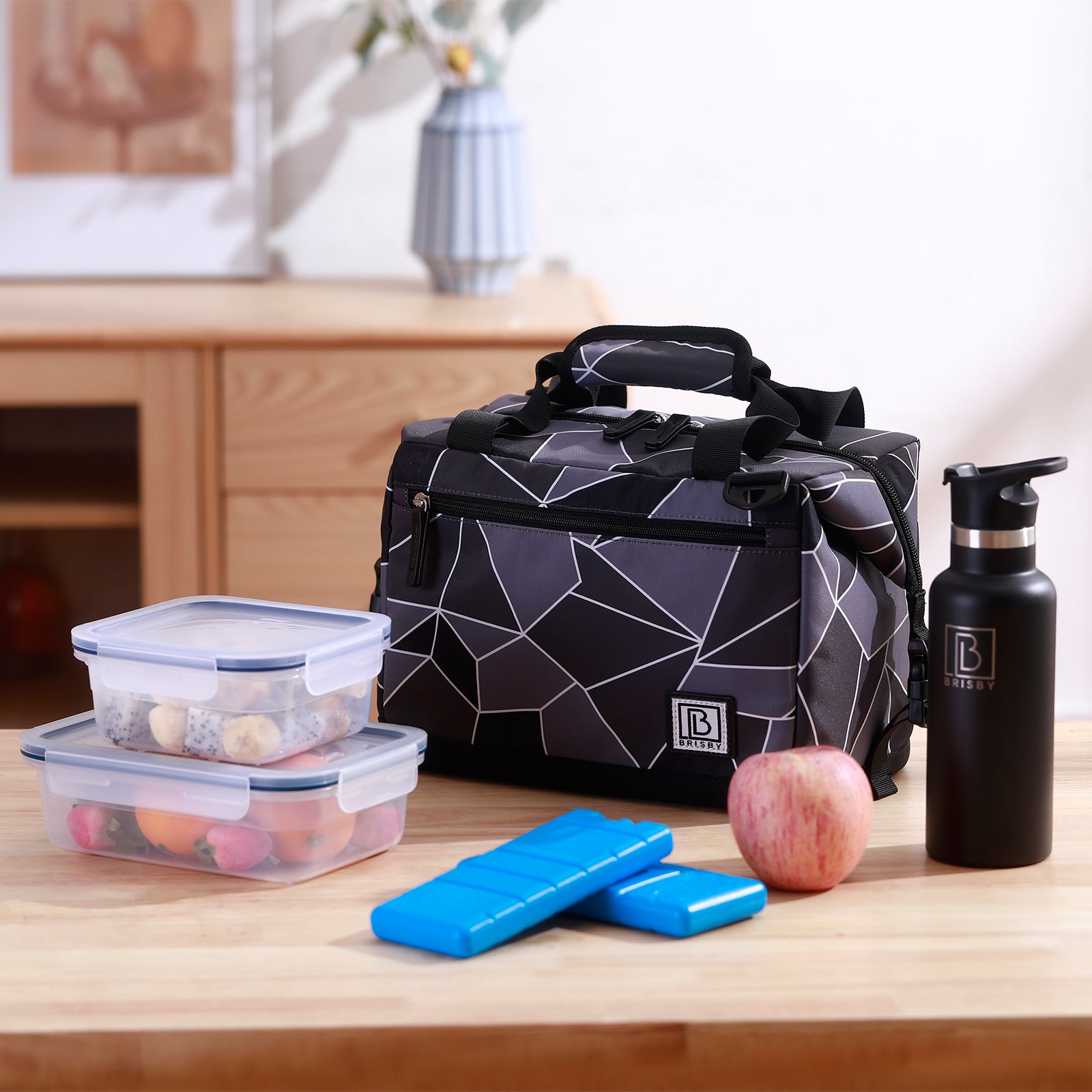 Cooler bag 12L abstract grey and black - Lunch bag - 4-layer insulated - extra space foldable - 2 free cooling elements - incl. shoulder strap