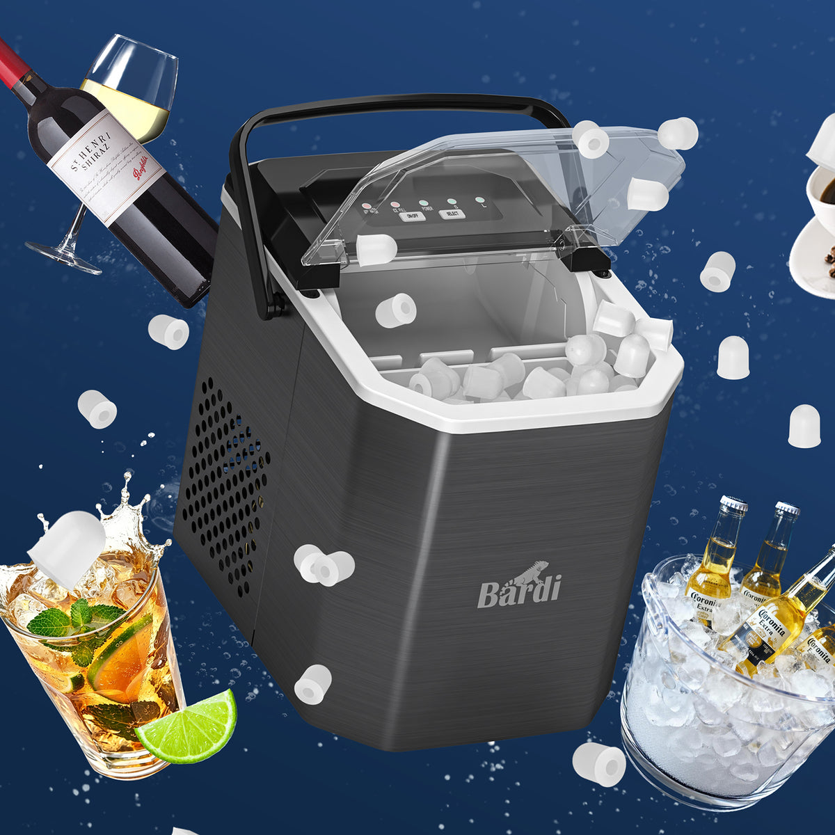 Bardi 1.3L Deluxe IJsblokjesmachine Square – IJsblokmaker Inclusief Luxe Thermosbeker en IJsschep – 9 Blokjes in 8 Minuten – Gunmetal